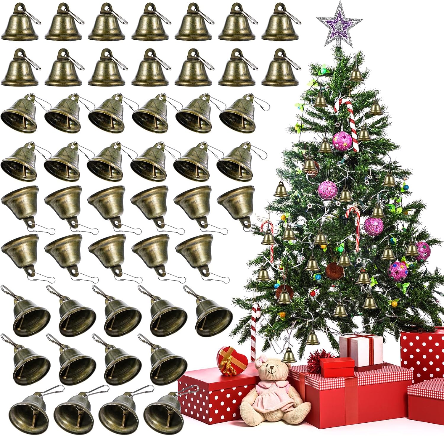 50 Pcs Craft Bells - Bronze & Brass Jingle Bells with Spring Hooks for Wind Chimes, Dog Training, Doorbell, Christmas Tree & Wedding Decor