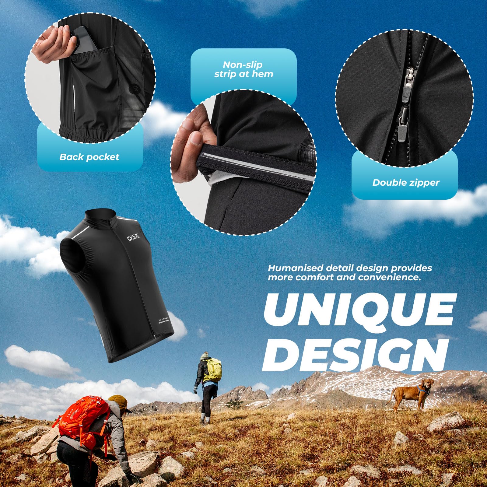 ROCKBROS Gilet da Ciclismo, Gilet Antivento Uomo, Gilet Traspirante Bici, Smanicato Leggero Catarifrangente Sportivo, Gilet Estivo Riflettente, Adatto per Corsa, Moto, Trekking, Escursione, Uomo Donna