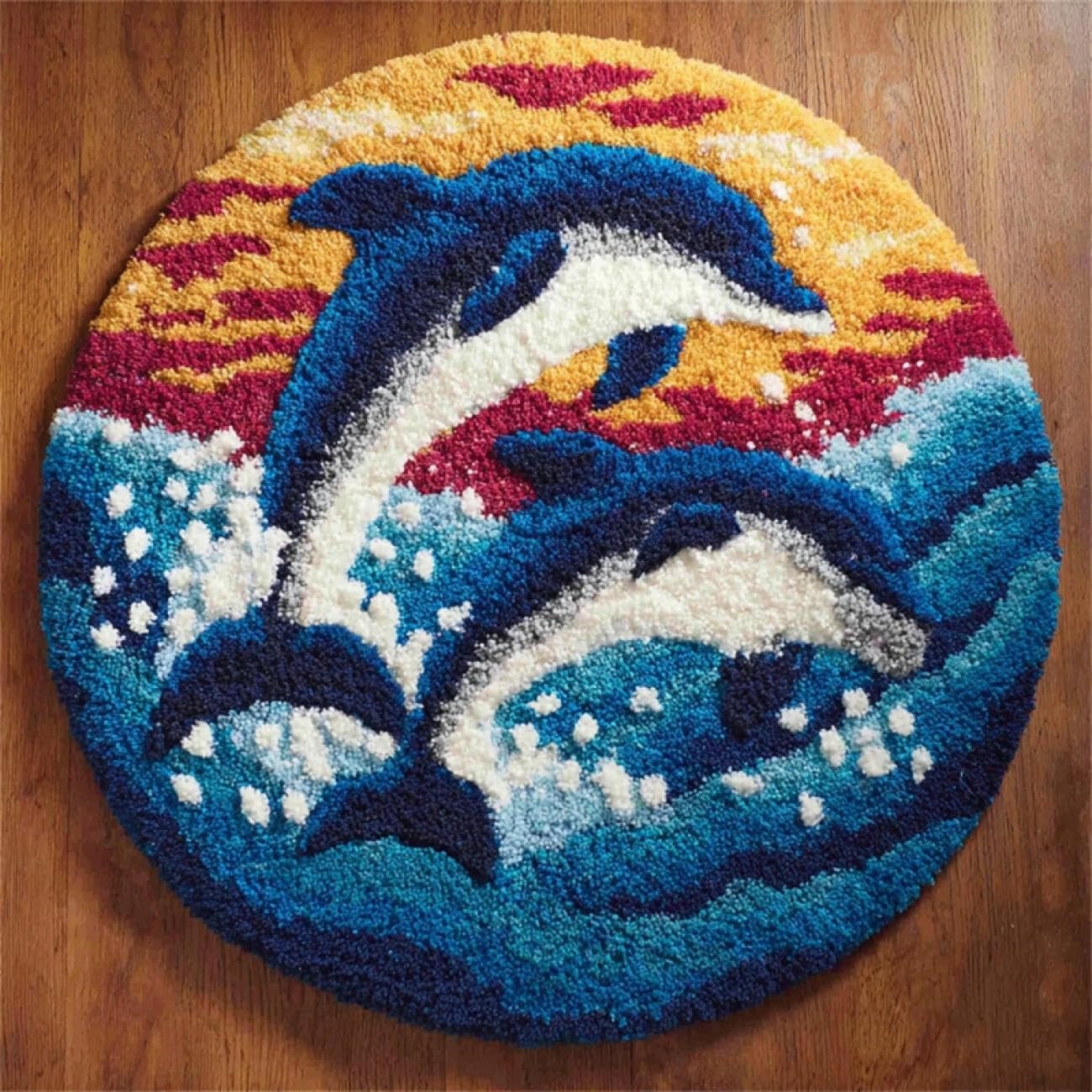 Kitquiver Round Rug Latch Hook Kit Waves and Dolphins 50x50cm