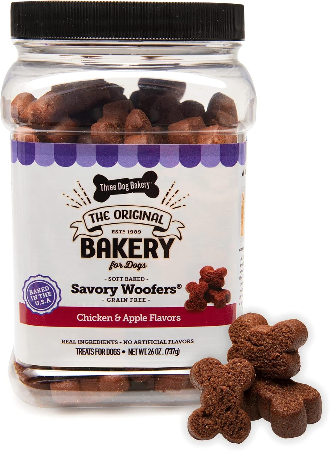 Three Dog Bakery Soft Baked Grain Free Meaty Woofers, Chicken and Apple Flavor, Premium Treats for Dogs, Brown, 1.62 Pound (Pack of 1)