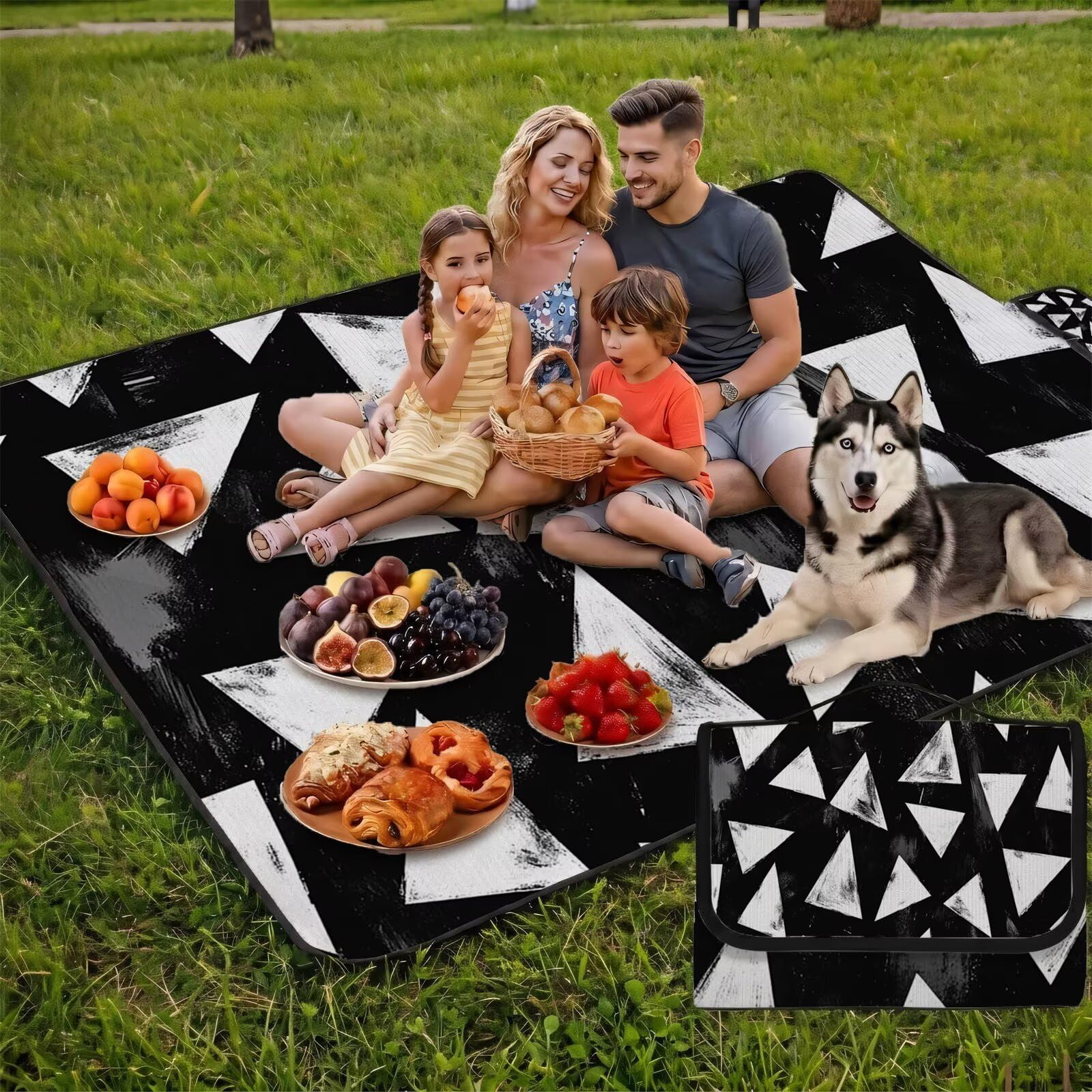 Couverture Pique Nique Grande 200x300cm,Outdoor Couverture Imperméable,Pliable Tapis de Plage Dos en PVC,Picnic Blanket pour Camping Accessoires,Jardin,Parc,Famille - Noir,Blanc,géométrie (6) FZ-117