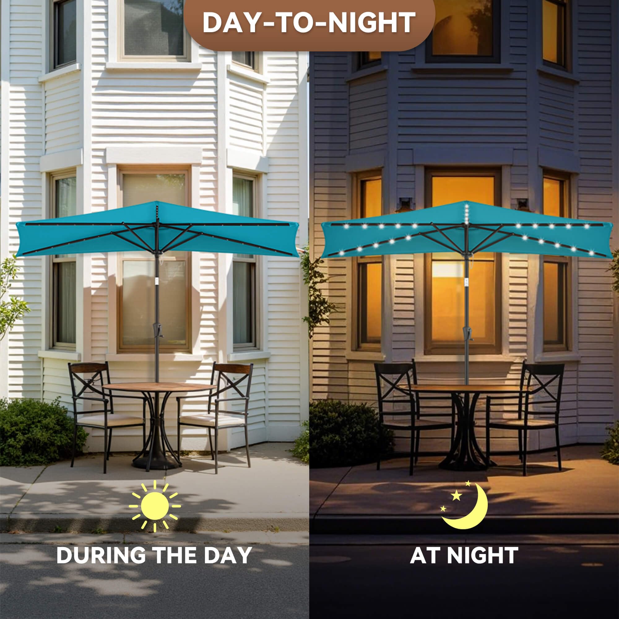 half umbrella patio led PURPLE LEAF 9x12ft with Solar Lights, Rectangular Patio Umbrella, Yard Umbrellas, Navy Blue powered LED lights 15ft Solar Patio Umbrella with