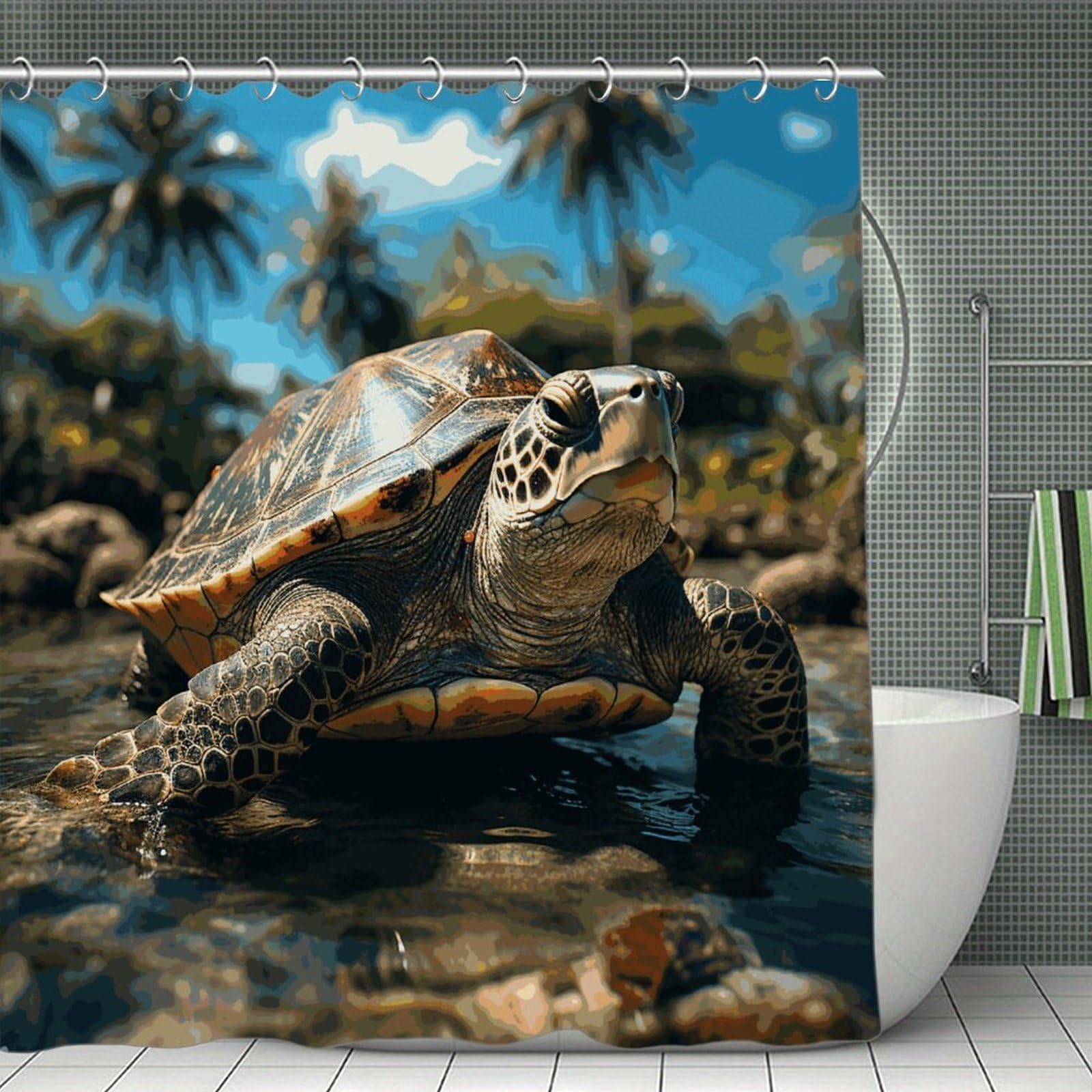 JTREHY Big Turtle and Palm Trees Shower Curtain Waterproof Bathroom Shower Curtain Machine Washable Bath Curtains Polyester Cloth Bath Curtains for Bathroom Showers 70.8×70.8Inch
