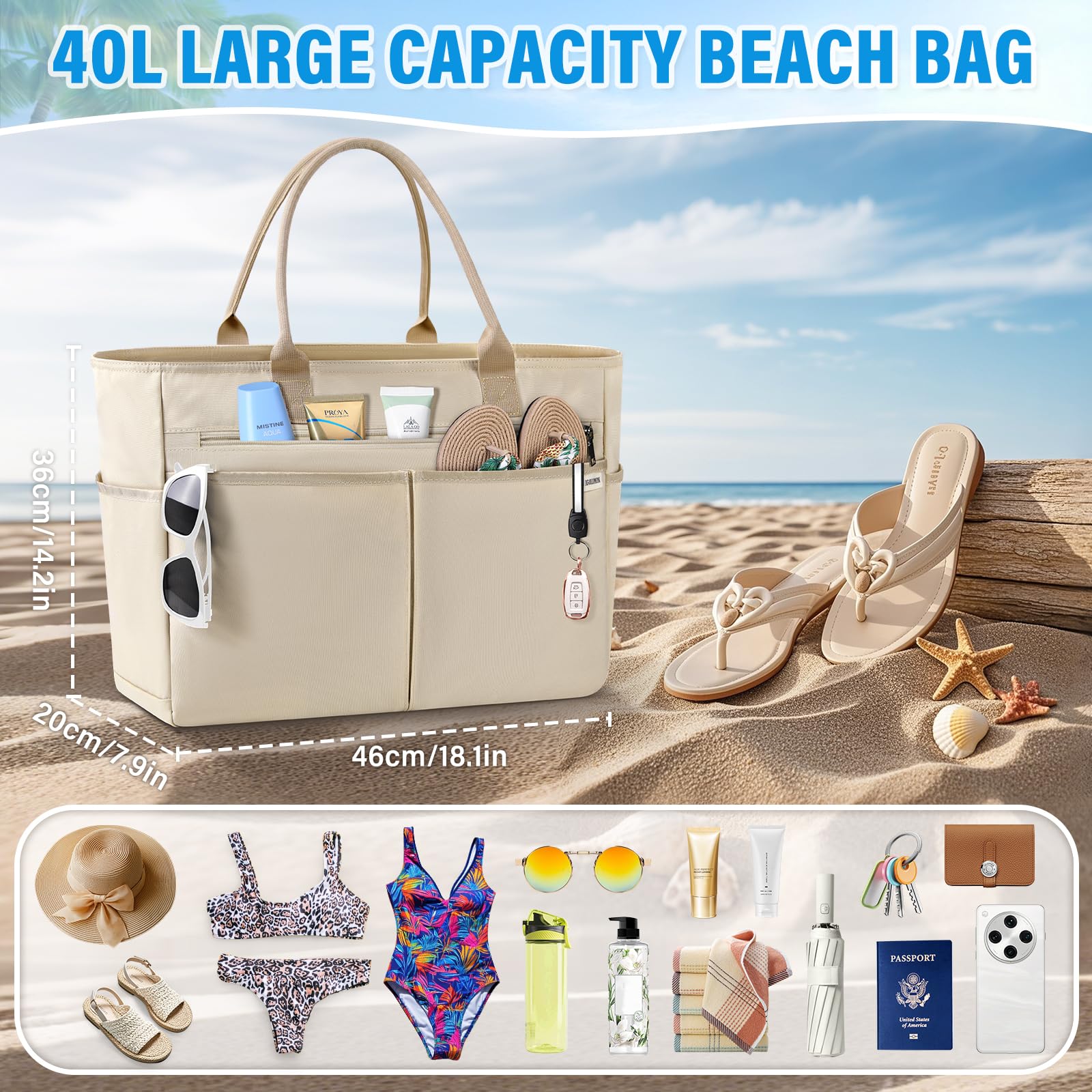 IGOLUMON Strandtasche XXL Familie Groß Badetasche mit Reißverschluss Wasserdicht 40L Vielseitiger Shopper Damen Tote Bag für Strand Pool Fitnessstudio Reisen Khaki