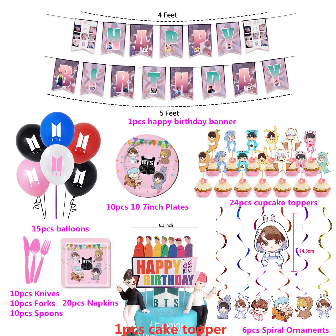 BTS birthday Party Supplies Set 107pcs Birthday Decorations,10Kids