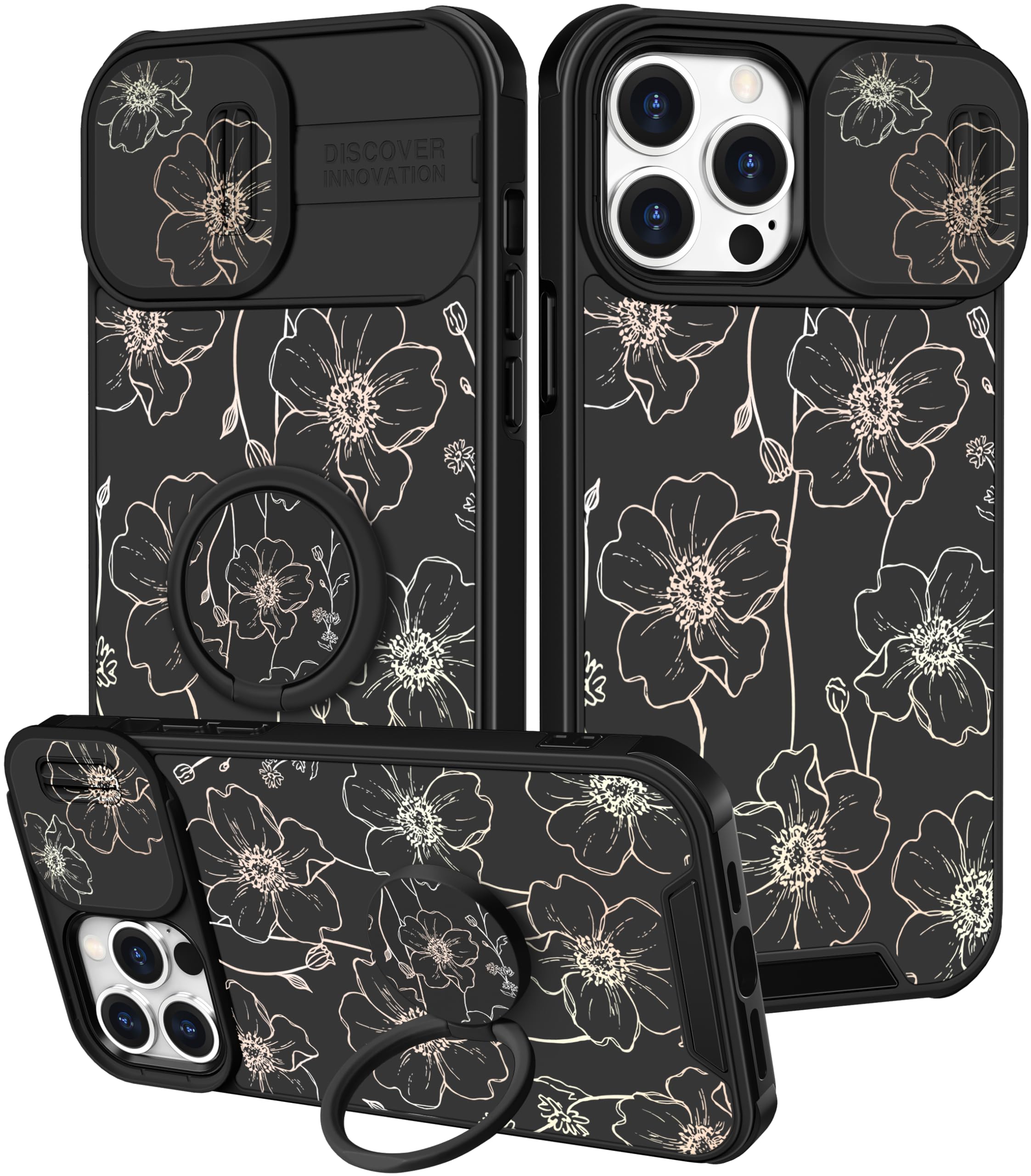Funermei for iPhone 13 Pro Max Case - Women Girls Cute Phone Cover Girly Pretty Aesthetic Black Floral Flower Unique Design with Camera Cover Funda for Apple for iPhone 13 Pro Max