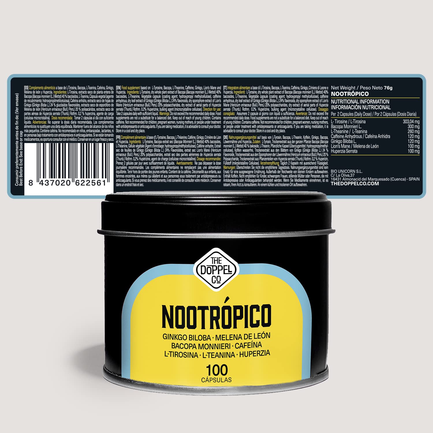 100 Capsule di Nootropico Naturale - 800 mg - Memoria, Concentrazione, Energia - Ginkgo Biloba, Criniera di Leone, Caffeina, Bacopa Monnieri, Tirosina, Teanina, Huperzia - Prodotto in Europa