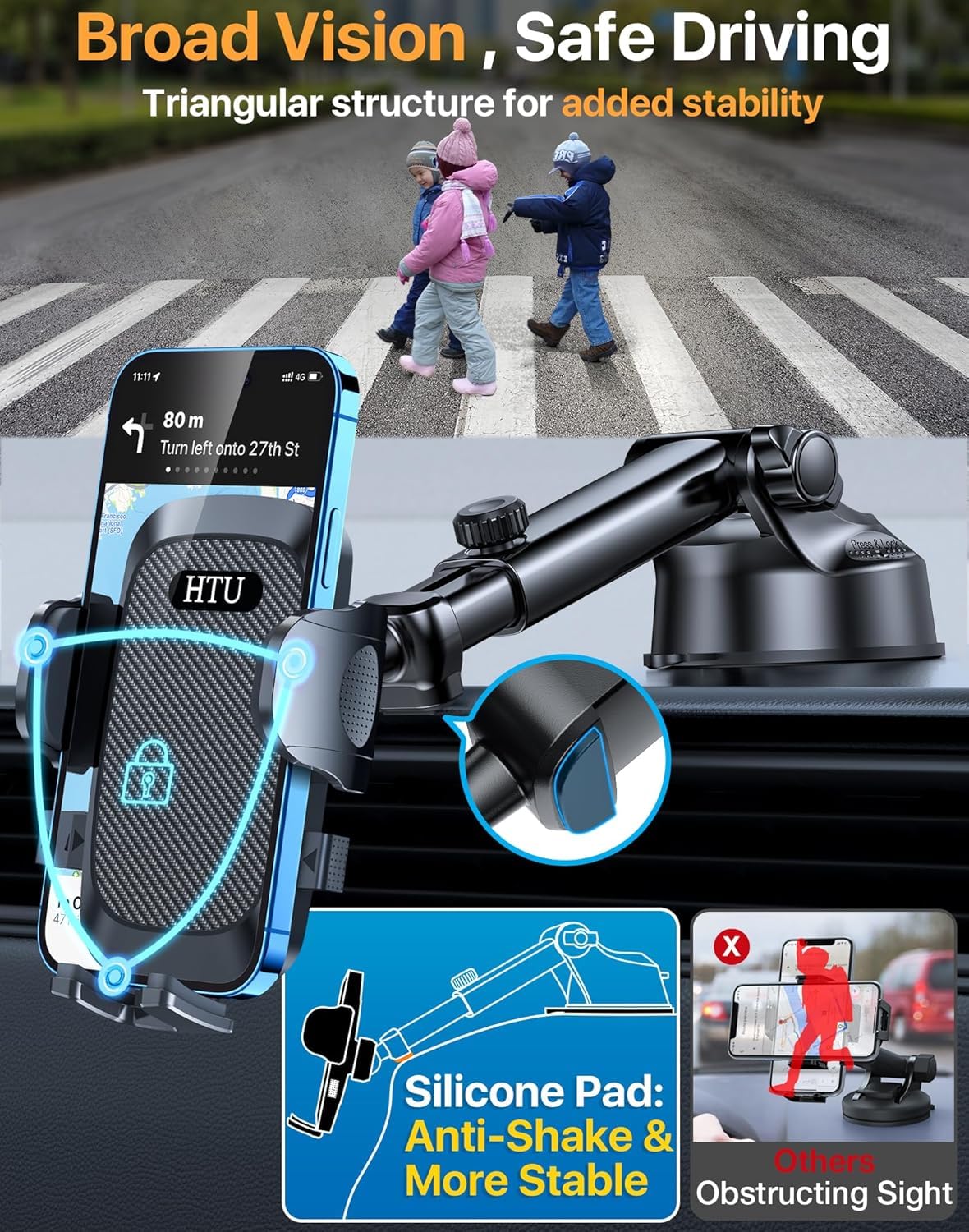 HTU 2026 Super przyssawka samochodowy uchwyt na telefon, stabilny, odporny na wstrząsy uchwyt na deskę rozdzielczą 3 w 1, do samochodów z obrotem o 360°, kompatybilny z iPhone 17 Pro Max 16 15 14 i