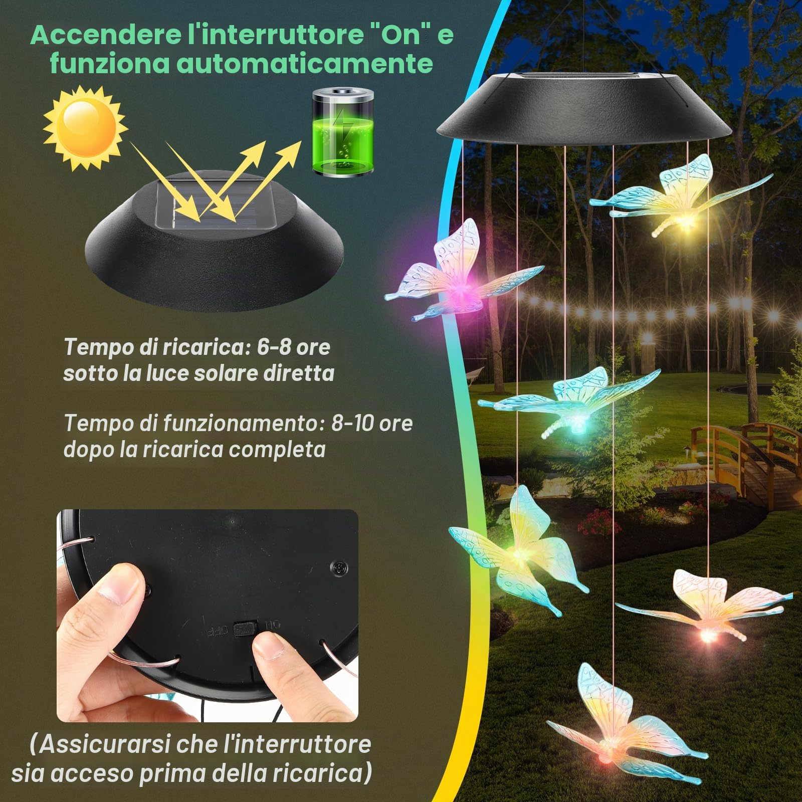 Sprifityy Campanelli Eolici Solare,Luce Solare a LED Cambia Colore,Luci Solare Colorate Farfalla Trasparente,per Regalo Natale,Giardino,Patio,Balcone,Tarrazza,Regalo Mamma