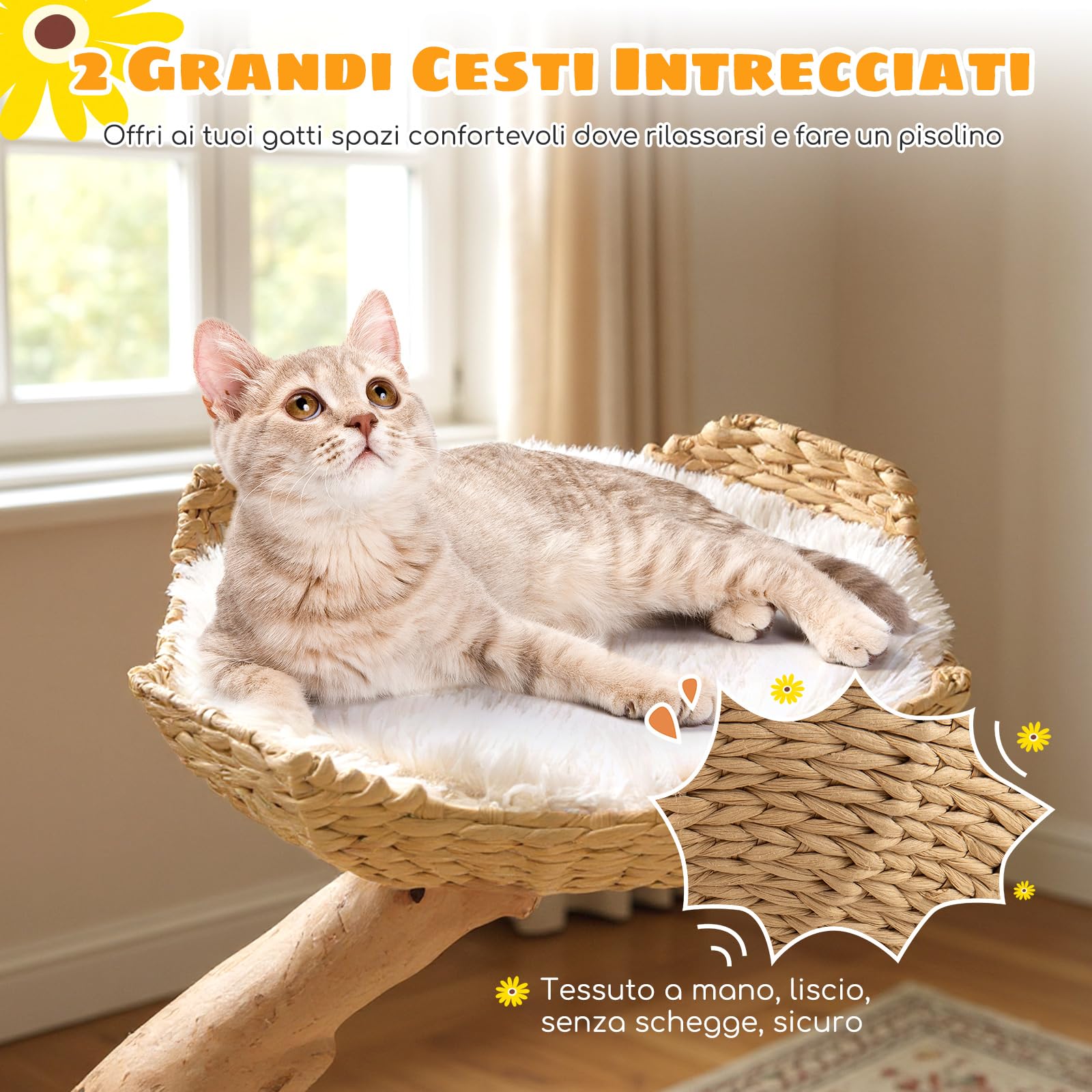 COSTWAY Albero per Gatti, Tiragraffi per Gattini Alta 122 cm con Ramo in Legno con Piattaforma a Fiore, 2 Cesti in Rattan, Pali Tiragraffi in Juta e Pallina Pendente, Mobile per Gatti da Interno