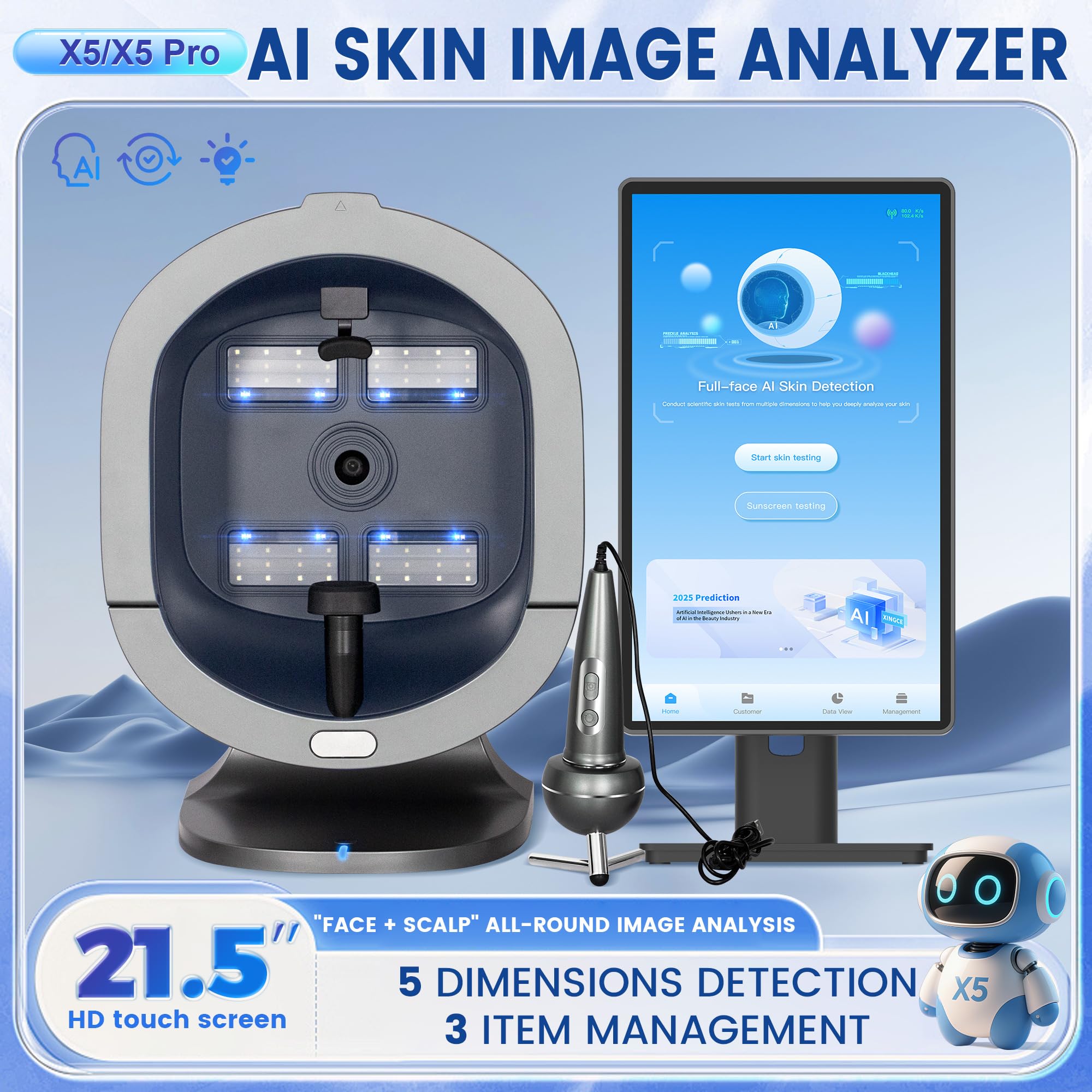 Analyseur de Peau IA X5 Pro, Appareil de Diagnostic Cuté Visage & Cuir Chevelu avec Écran Tactile HD 21.5 Pouces, Détection Multi-Spectral pour Professionnels de Beauté