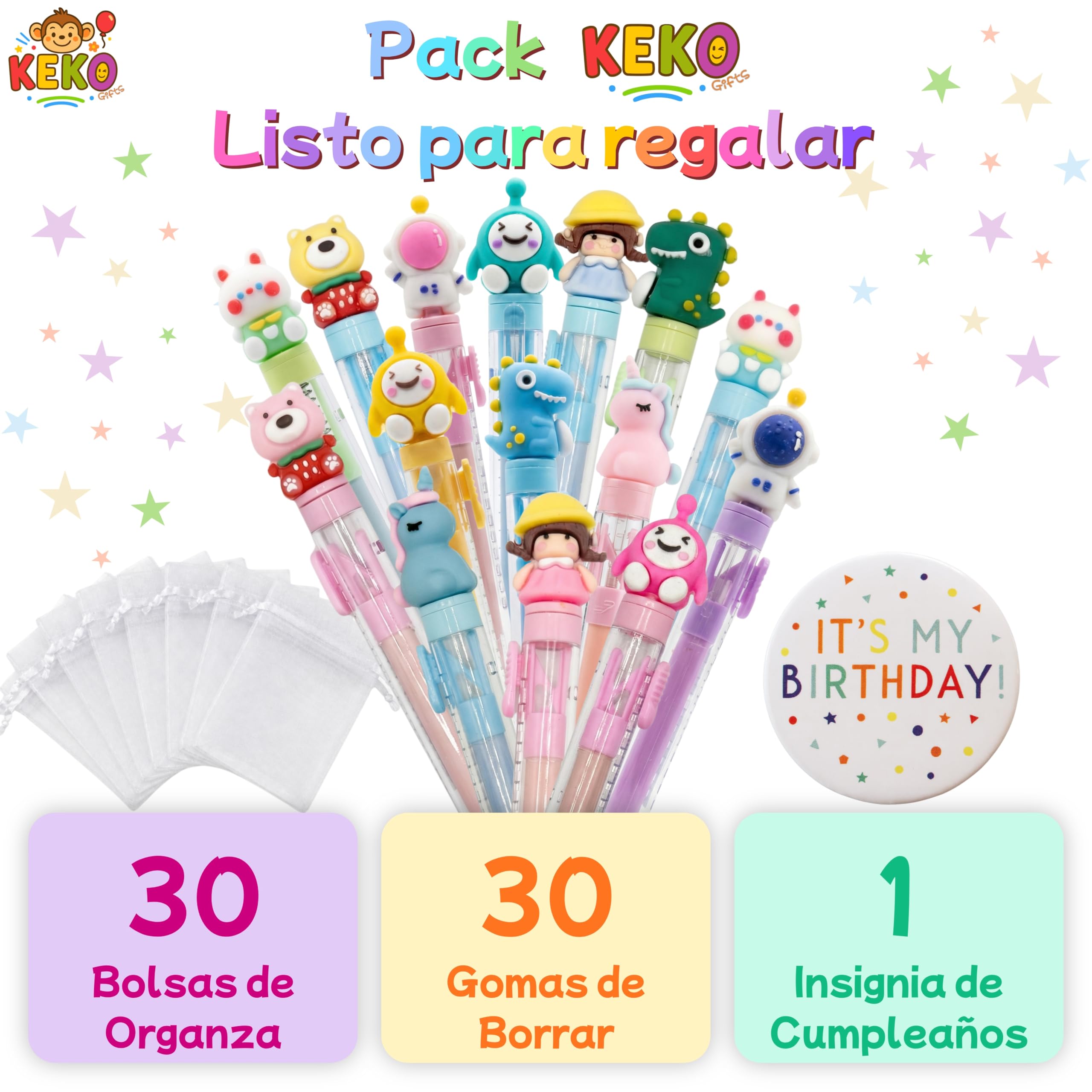KeKo Pack 30 Gomas de Borrar Divertidas, 30 Bolsas,1 Chapa Cumpleañera, Pack Regalos Cumpleaños Niños Colegio, Detalles Cumpleaños Niños Infantil, Regalos Alumnos Primaria, Relleno Piñata Infantil