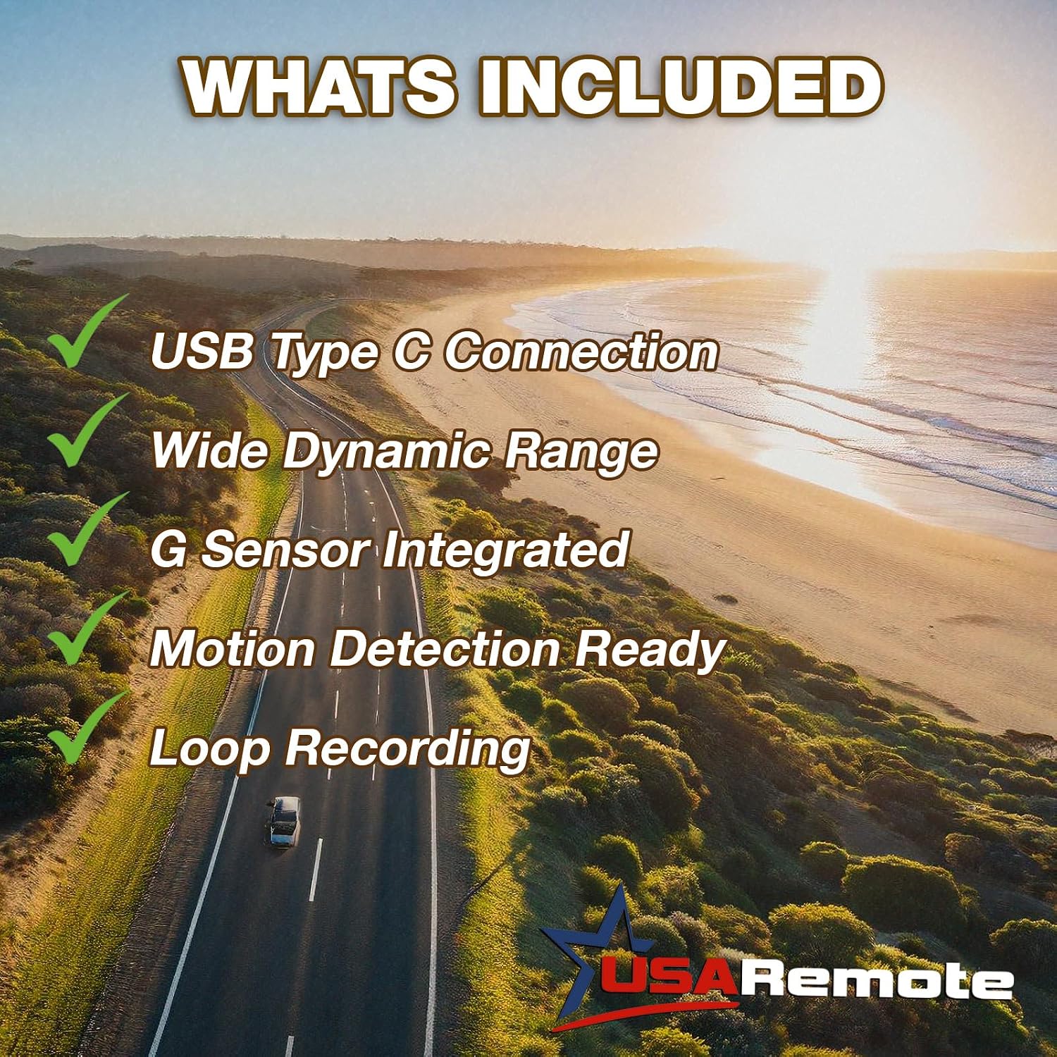 USARemote Dash Cam WDR 1440P+1080P+1080P 3Channel 3.16 Inch Screen, G Sensor Motion Dectection Recording, 3 Setting Loop Recording, Reverse Camera, USB Type C, Audio Mic Integrated