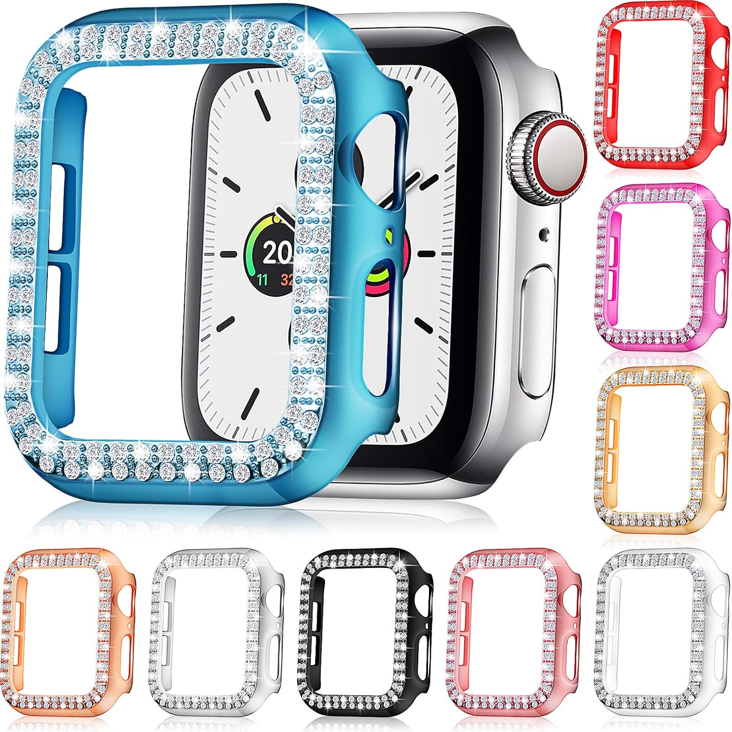 9 Pieces Watch Case Protector Compatible with iWatch Series 6/5/4/SE/3/2/1, Bling Crystal Diamonds Sparkle Rhinestone Watch Cover Plated Hard Frame Protective for Girl Women, 9 Colors (40 mm)