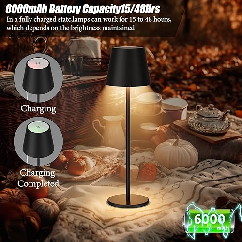 Miniatura 6 de Aipsun Lámpara de mesa inalámbrica recargable, paquete de 2 unidades, 6200 mAh, lámpara de mesa LED de 3 colores con atenuación continua, resistente