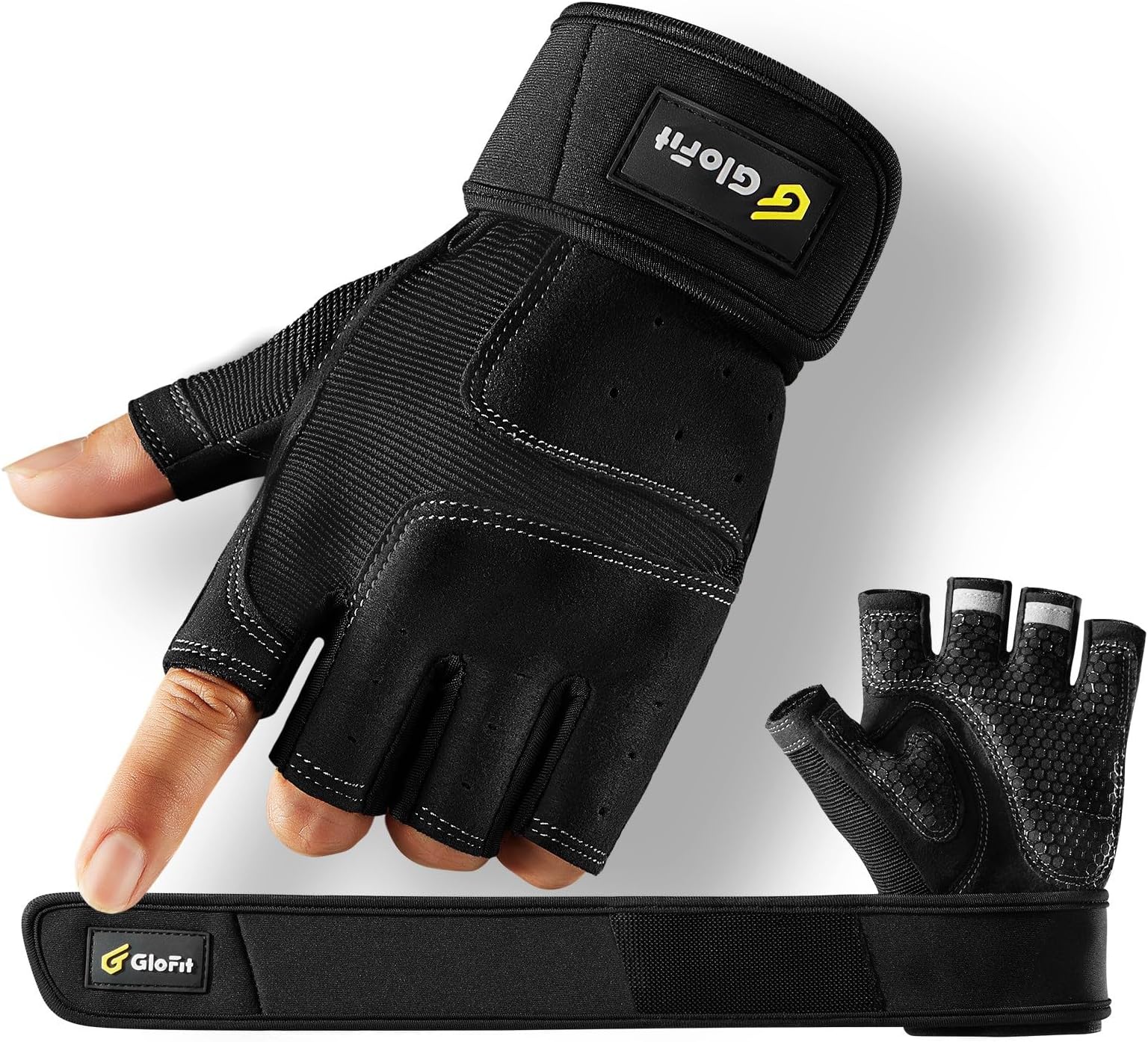Glofit Workout Gloves with Wrist Wrap Support for Women & Men, Weight Lifting Gloves Fingerless Gym Gloves for Cycling, Training, Push-up