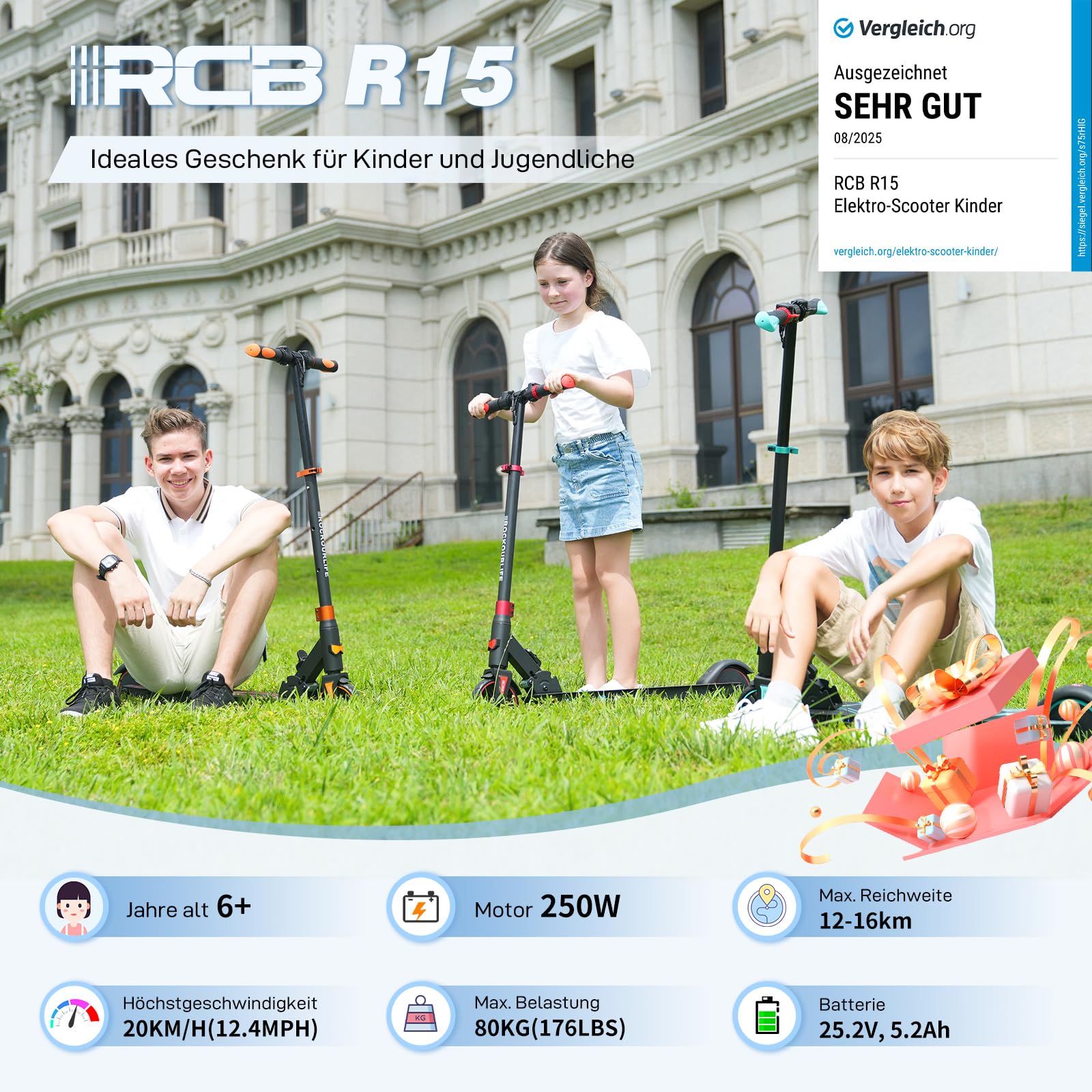 RCB R15 E-Scooter Kinder (8-12-16 Jahre) - bis zu 20 Km/h, Max. Reichweite 16Km, Elektroroller Faltbar für Kinder, Geschenk für Jugendliche