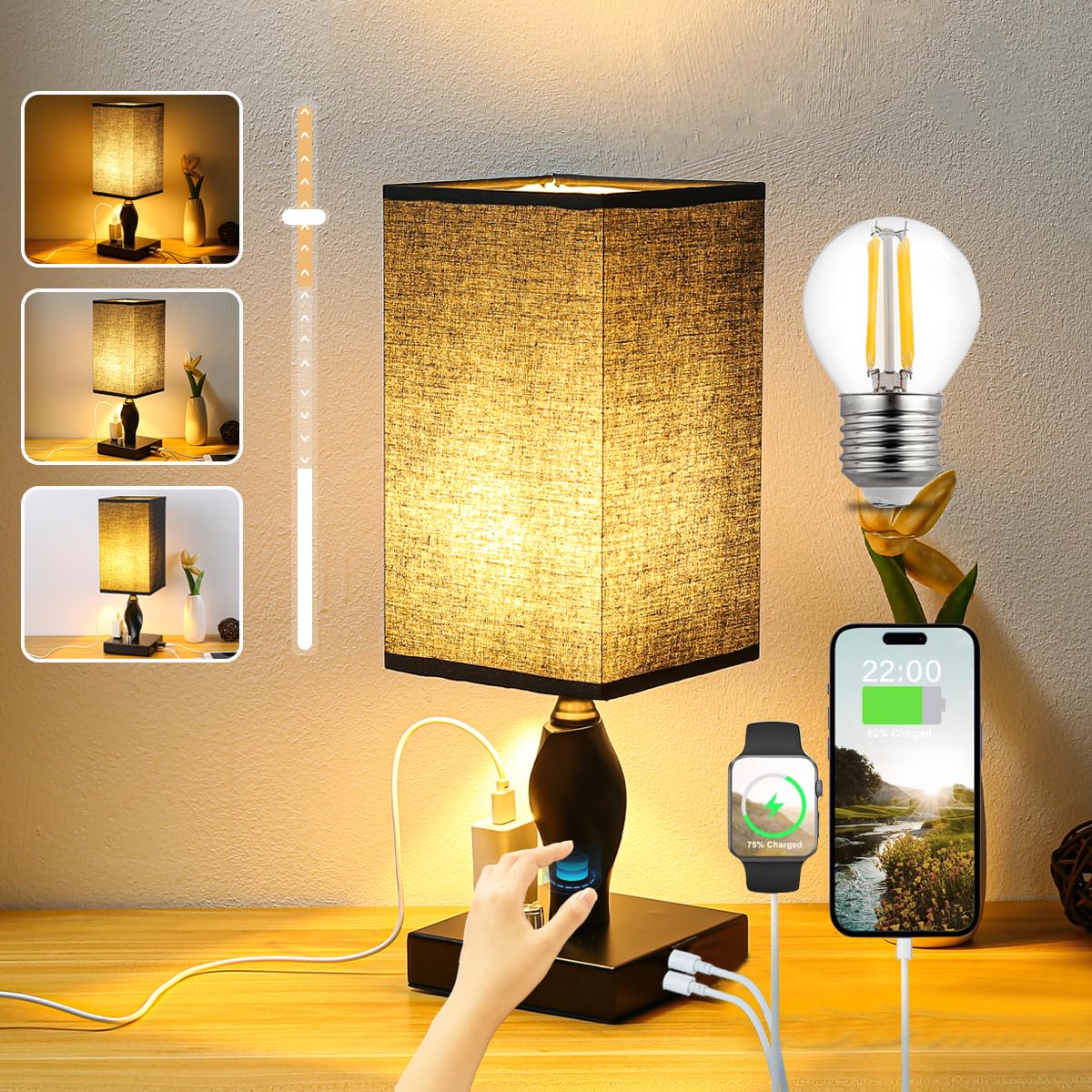 Bedside lamp with USB Ports and outlets end Table Lamp Dimmable, Desk Lighting for Phone Charger Small Nightstand Light for Bedroom Gifts Home Decor Living Room Office Reading, LED Bulb Included