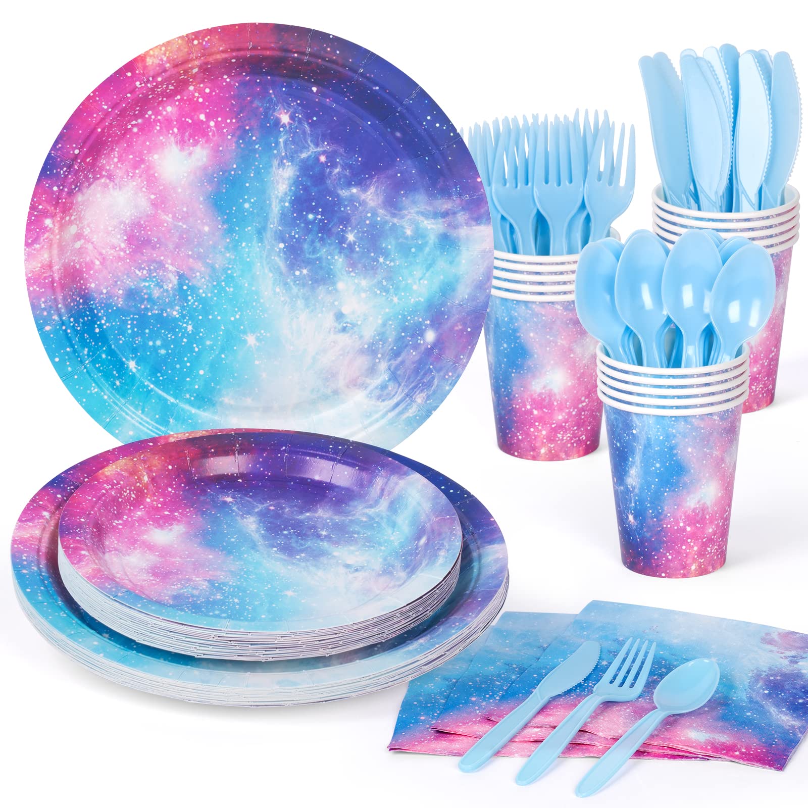 DECORLIFE 96PCS Galaxy Party Plates and Napkins, Outer Space Party Decorations, Starry Night Supplies, Solar System Supplies Tableware Set Serves 24