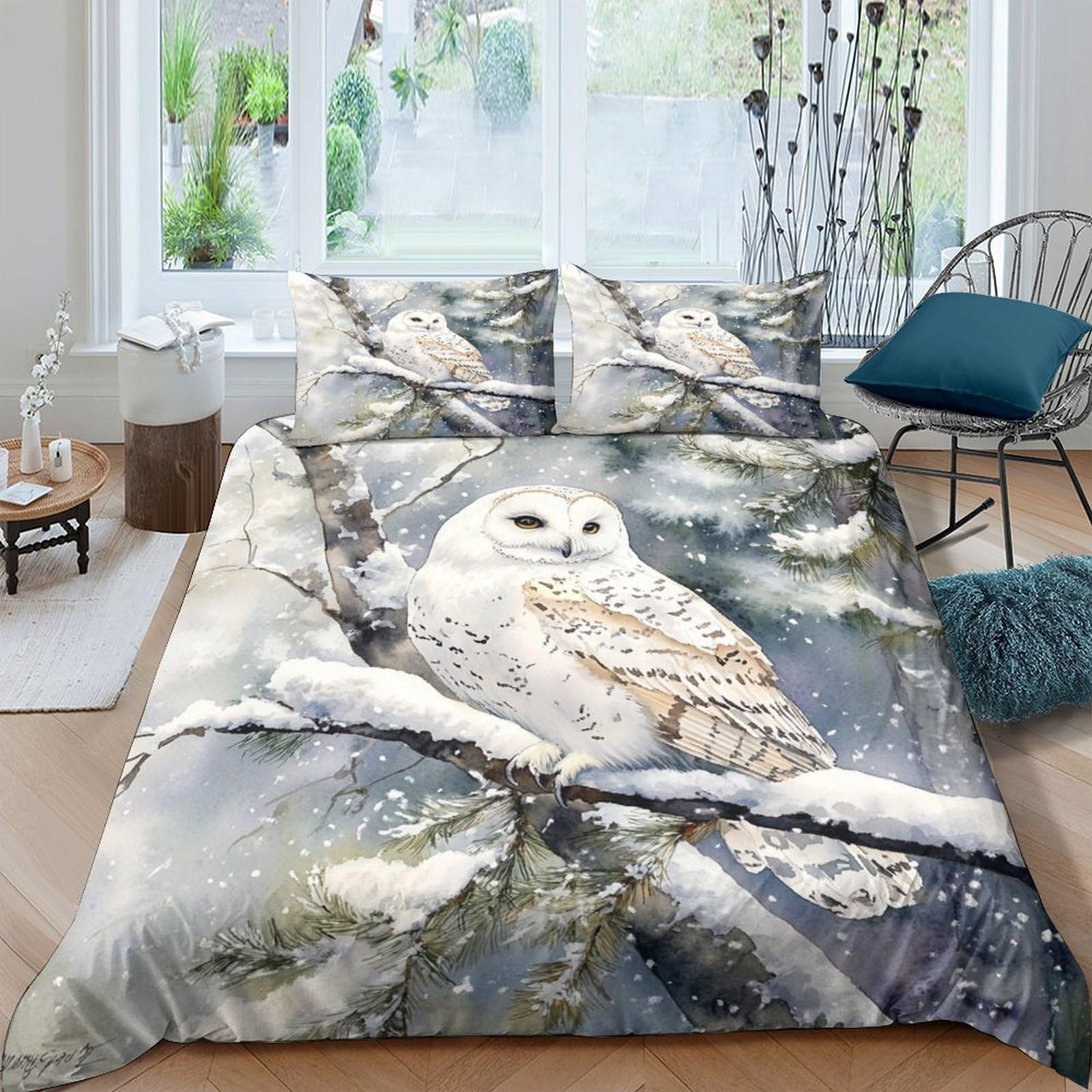 Ctjqhvkz Style-5 3D Printed Snowy Owl Fitted Sheet Microfiber Soft Breathable Forest Branch Bed Cover For Bedroom Guest Room Decor Single（135X200cm）