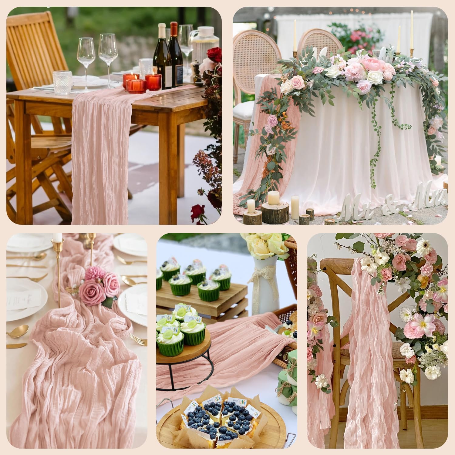 Asee'm 12pcs Cheesecloth Table Runner 120 Inches Dusty Pink Boho Gauze Cheese Cloth Runner 10FT Rustic Sheer Table Runners for Summer Wedding Baby Shower Holiday Party Decoration
