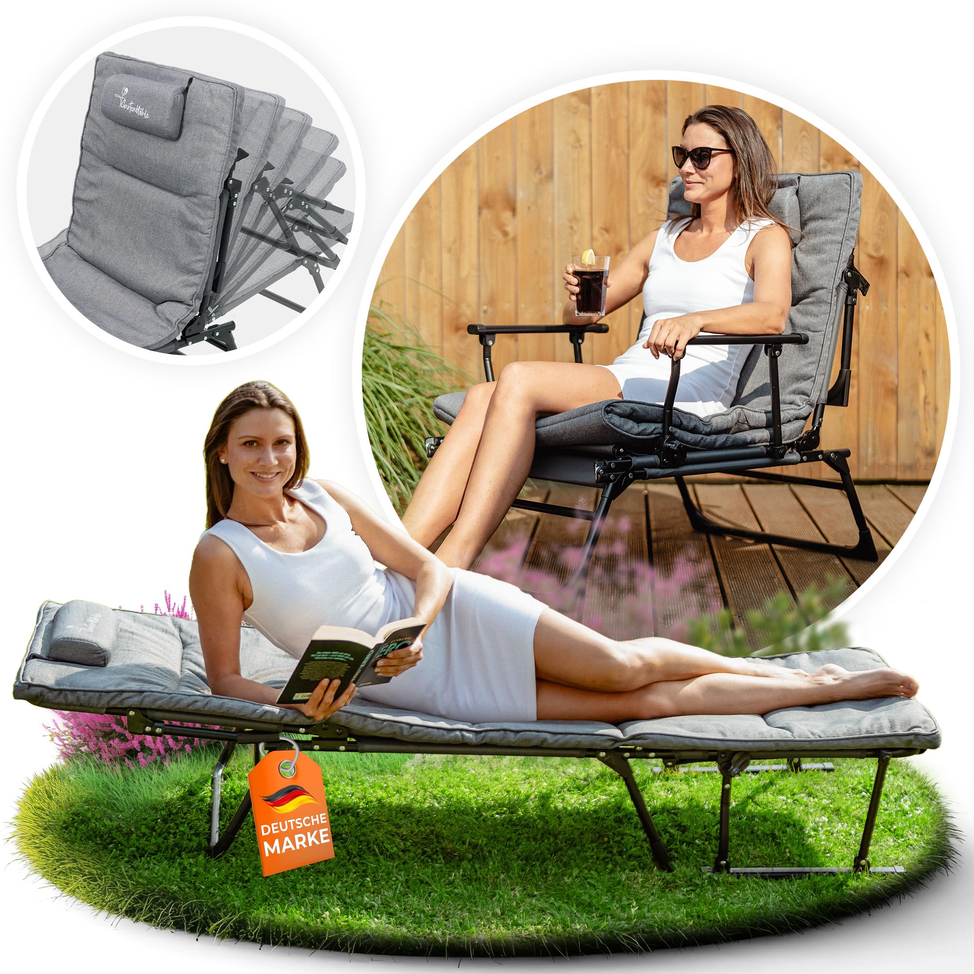 Sonnenliege klappbar [2 in 1 Gartenliege Wetterfest] Stuhlfunktion bis zu 200 KG Belastbar zum Sonnenbaden, Lesen, Entspannen Camping oder Garten