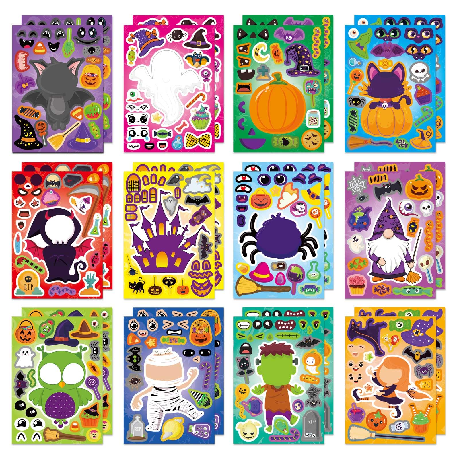 DUJAA 48 PCS Halloween Make a Face Stickers for Toddler, Mix and Match Sticker Characters, Party Favor Decor Supplies