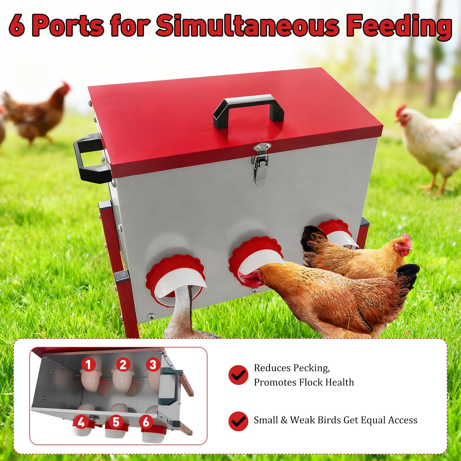 Hühner Futterautomat 15kg mit 6 Futteröffnungen, Futterspender Hühner | Großer Geflügel Futterautomat mit Regenschutz, 6 Öffnungen für Hühner, Enten und Gänse, für Hühnerstall, Outdoor, Garten