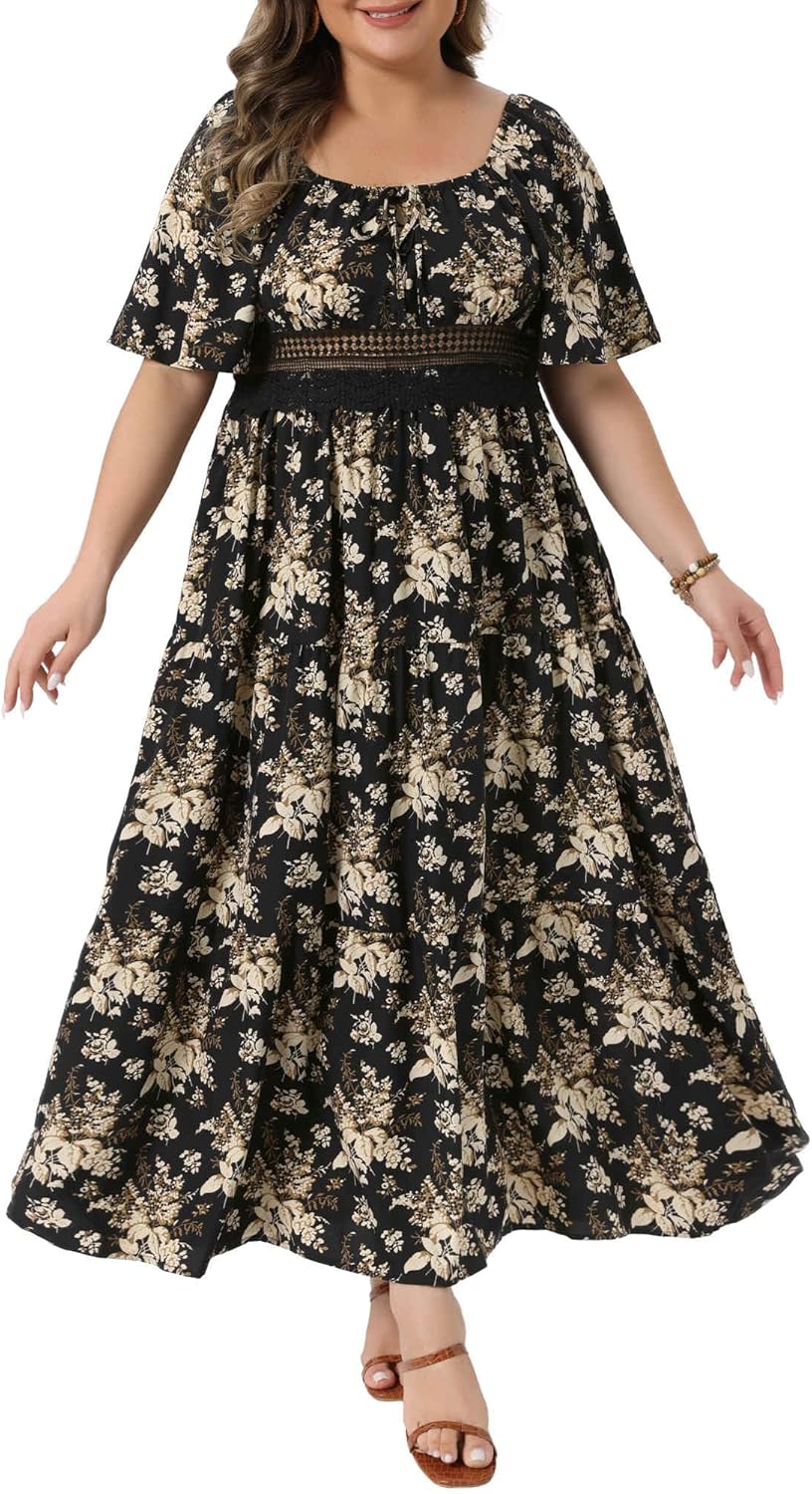 Agnes Orinda Plus Size Maxi Dress for Curvy Women Square Neck Smocked Back Ruffle Sleeve Summer Floral Dresses