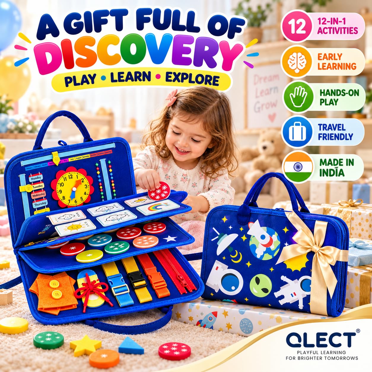 Qlect 12 in 1 Toddler Busy Binder & Busy Book for Toddlers 1-3 Years - Montessori Busy Board & Activity Book Kids 2-4 - Engaging Toys for 2-3 Years - Educational - ISI Approved, Made in India, Blue — Amazon image 8