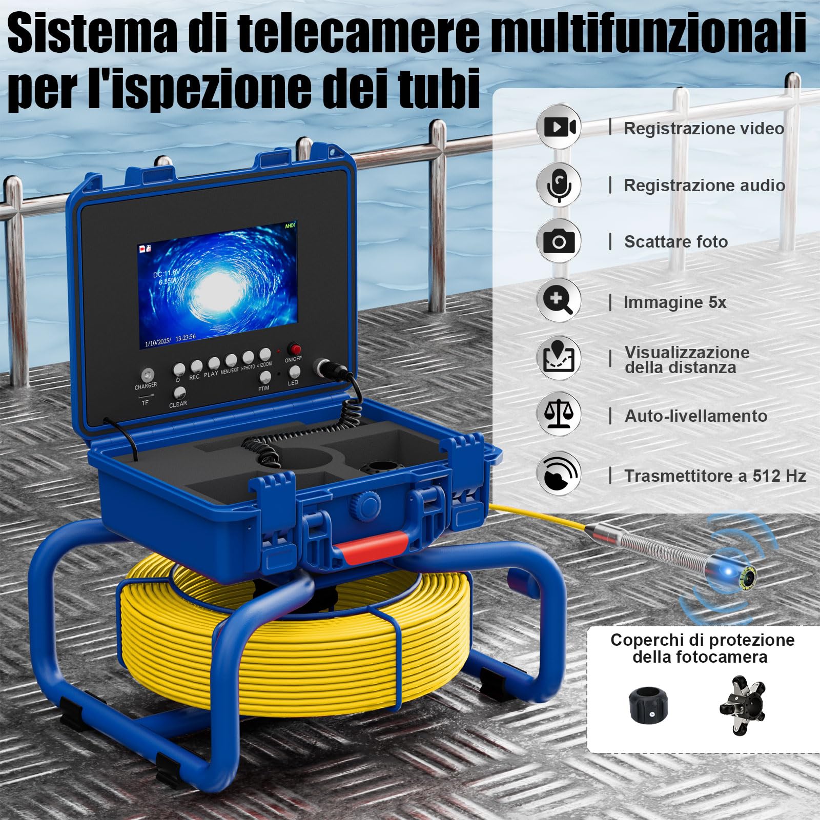 Telecamera Ispezione Tubi 30 Metri con Ricevitore 7" DVR Telecamera Endoscopica del Tubo Scarico Fognario Conduttura Industriale IP68 Impermeabile Autolivellante con Contatore di Distanza