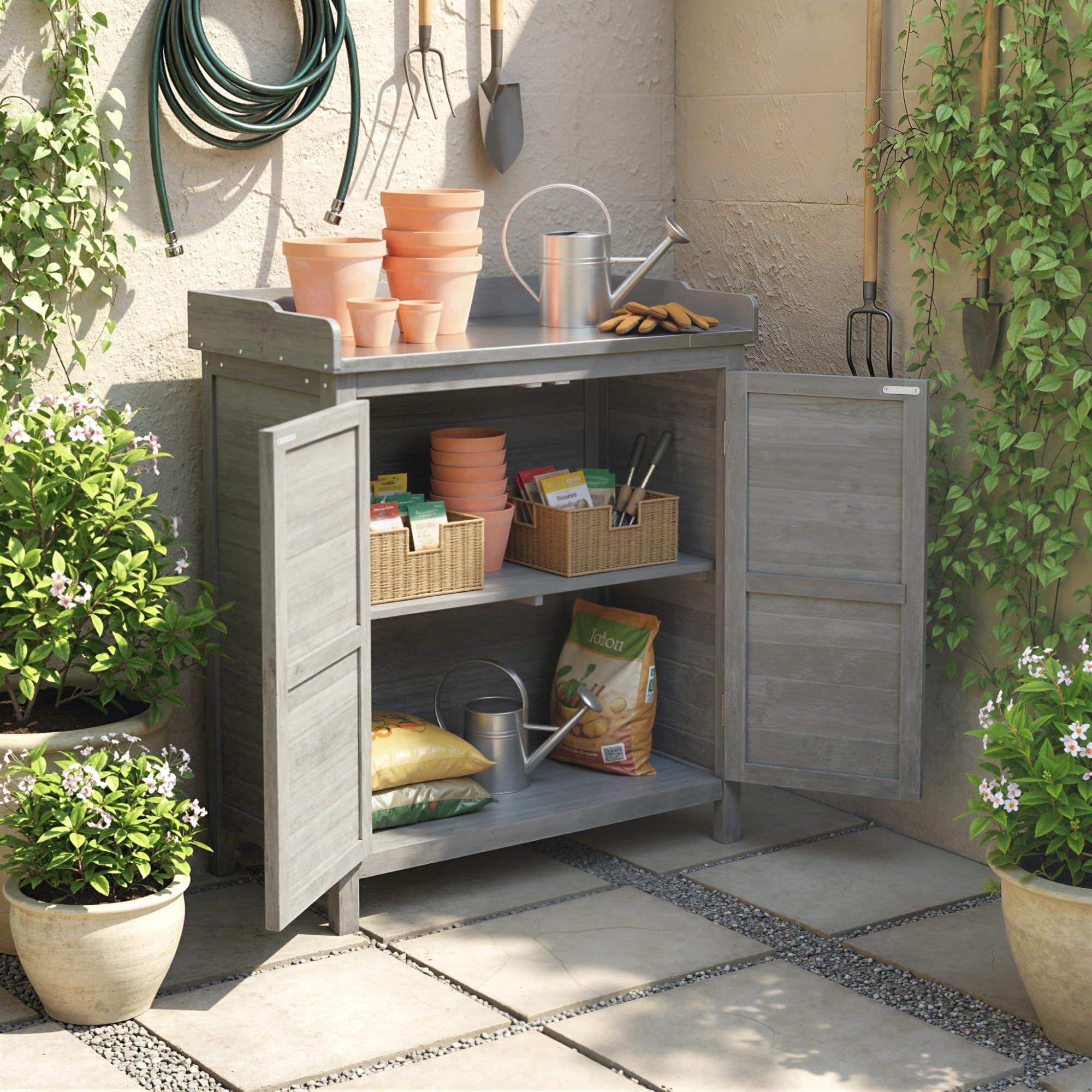 Outsunny Gartenschrank mit Pflanztisch, Holz Geräteschuppen, verzinkter Arbeitsplatte, wetterfest, 83 x 40 x 92cm Grau