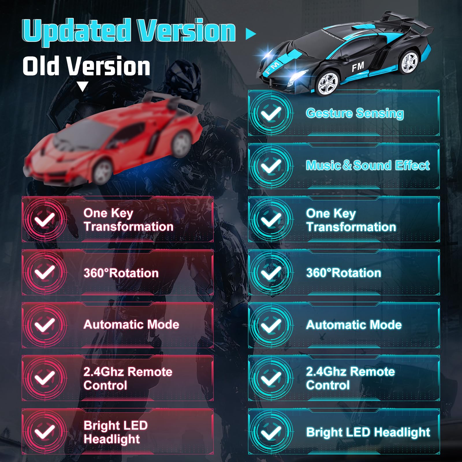 Kazzley Transformers Macchina Telecomandata Giocattoli, Auto Telecomandata con Sensore di Movimento, RC Robot Car con Effetto Luce e Suono, Macchina Radiocomandata per Bambini 4 5 6 7 8 9 10 Anni