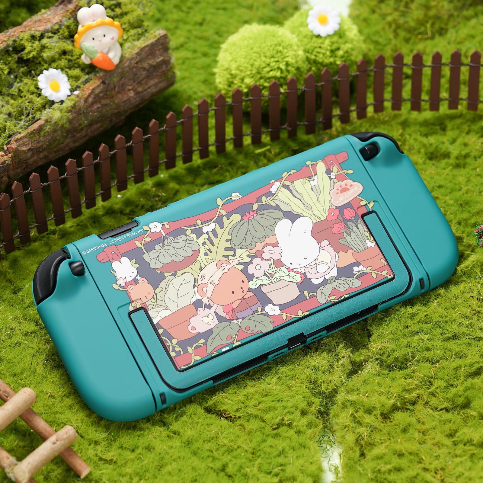 GeekShare Guscio protettivo compatibile con Switch 2, custodia agganciabile Kawaii Cartoon per Switch 2, cover con design antigraffio e antiurto - Bunny Garden