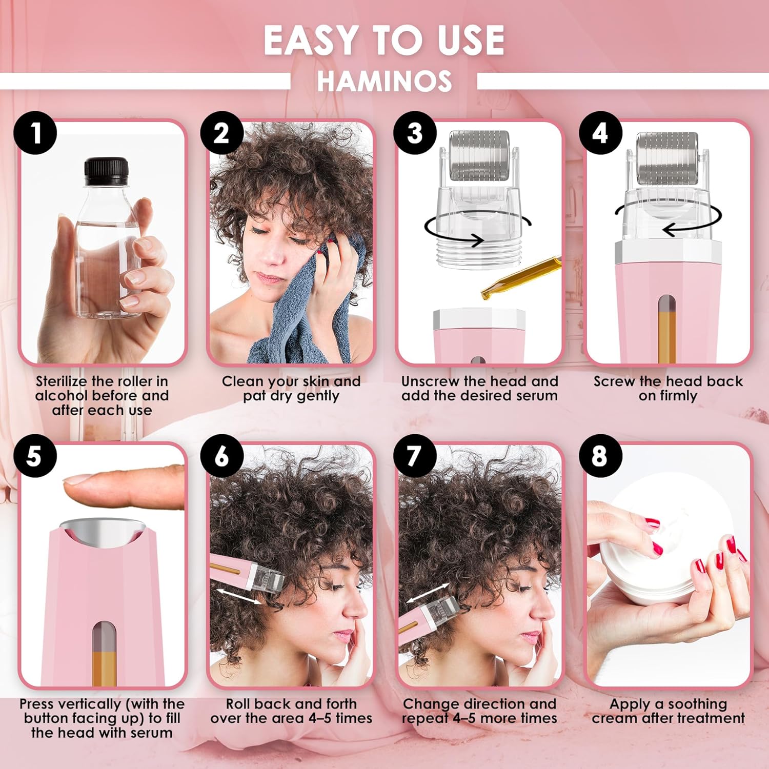 HAMINOS Derma roller 0.25 mm 3.0 with Reservoir for Skin, Hair, Wrinkles, Stretch Marks, Hyperpigmentation INSTANT SERUM APPLICATION, 520 Titanium Needles