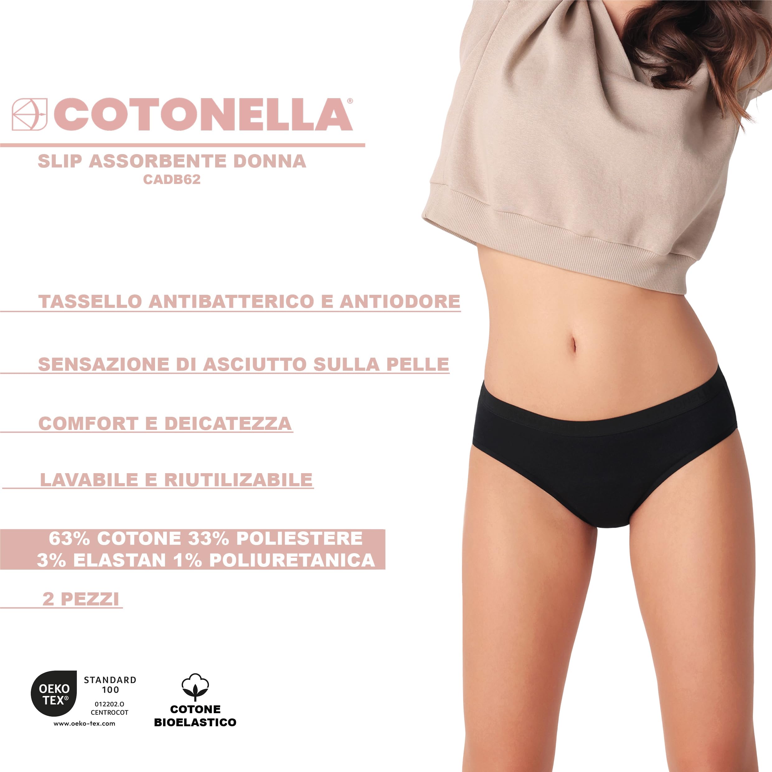 Cotonella, Slip assorbente FloWear in Morbido Cotone bielastico, Con Tassello Antibatterico Lavabile e Riutilizzabile, adatto per Flusso moderato - Conf. da 2 pezzi - art. ADB62K2