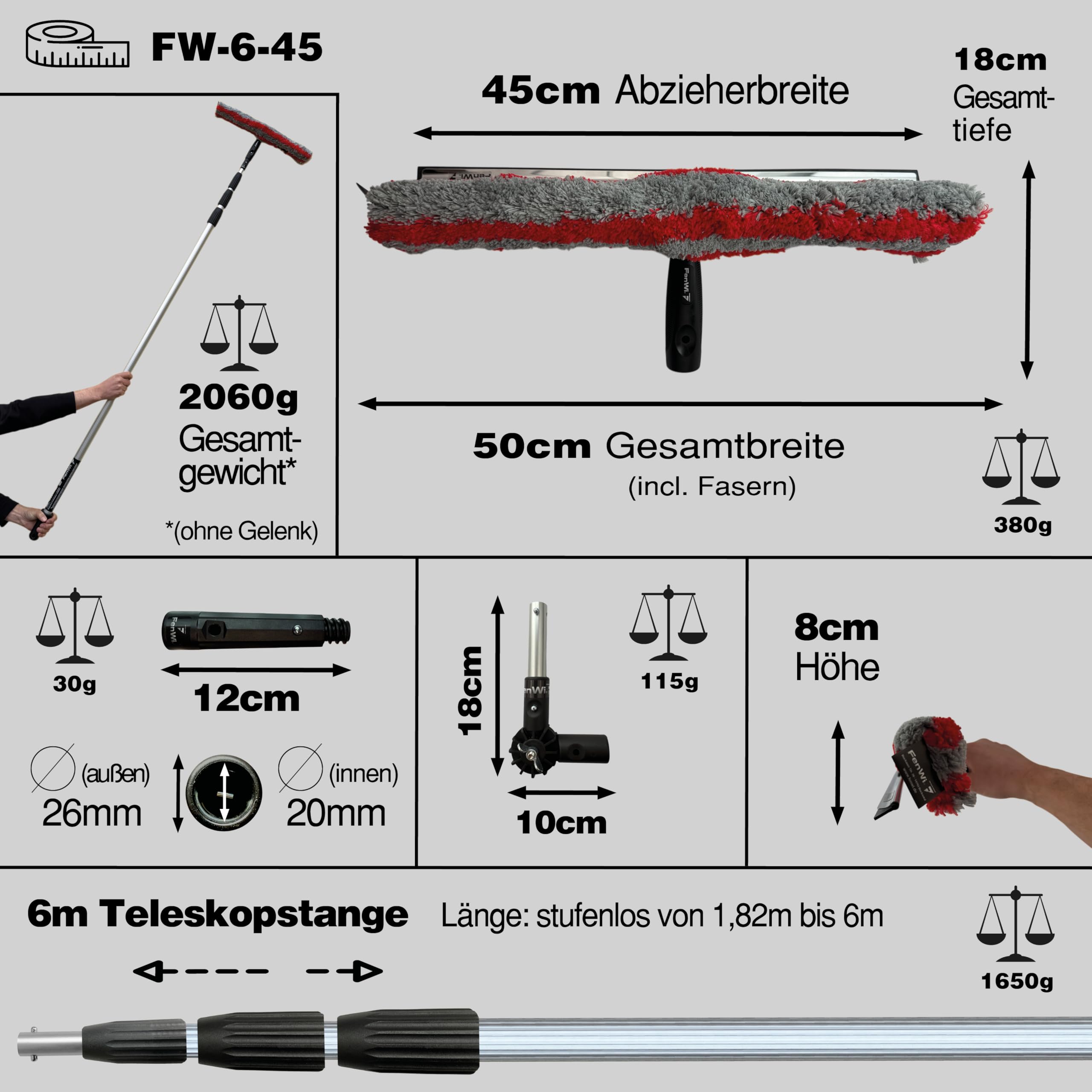 FenWi 6m Teleskop Fensterputzer Profi Set mit Abzieher und Wischer 45/50cm | 45cm Gummilippe, Kombi Fensterwischer, Gelenk Alu Teleskopstange 600 cm, für Wintergarten, breite Fenster und Solar Reinigung