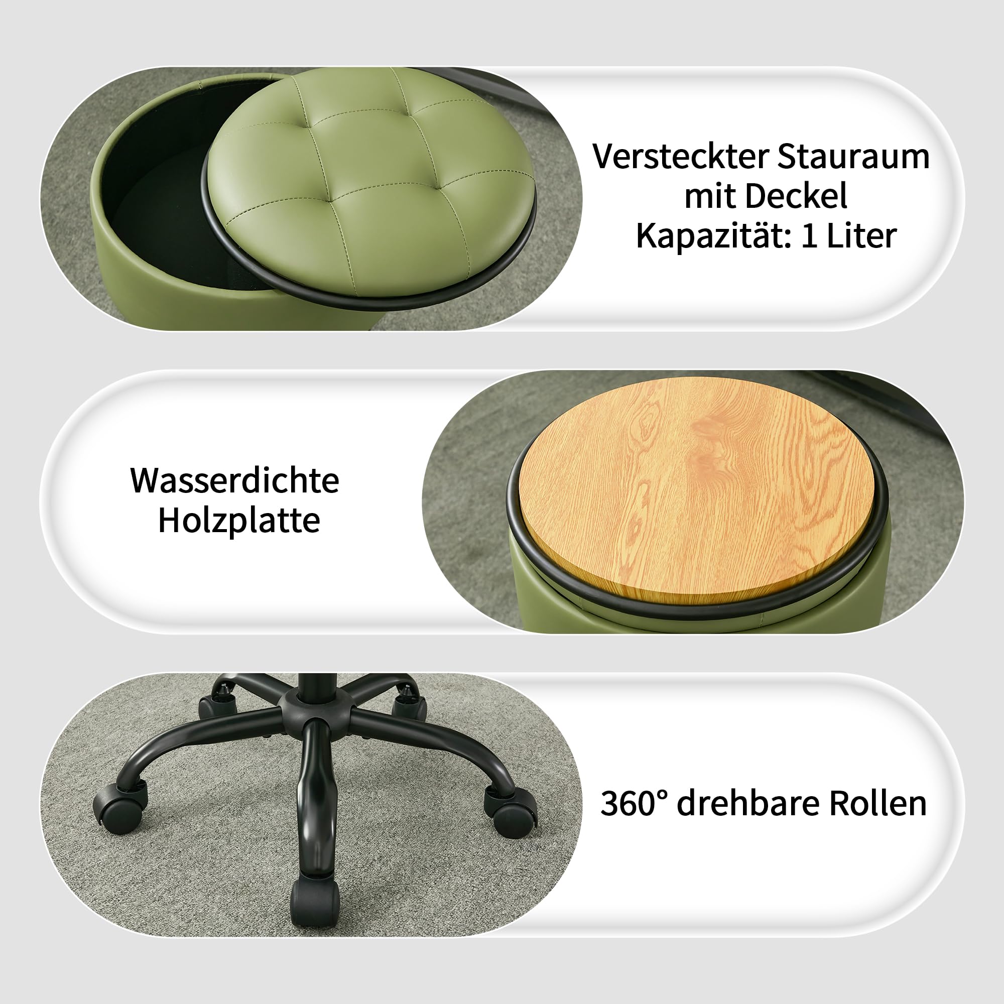 FIRAVOE Sgabelli girevoli con ruote (sedia e piccolo tavolo in uno) (sedia da barbiere regolabile 52,5–62,5 cm), sgabello ergonomico verde con vano portaoggetti