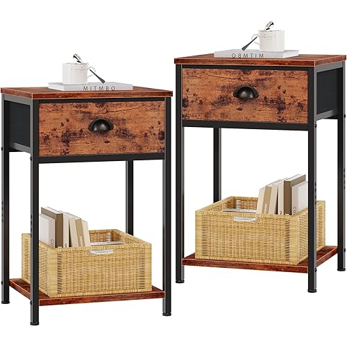 Furologee Nightstands Set of 2, Industrial End Table with Fabric Drawer and Storage Shelf, Retro Bedside Tables Organizer, Side Table for Living Room Bedroom, Rustic Brown