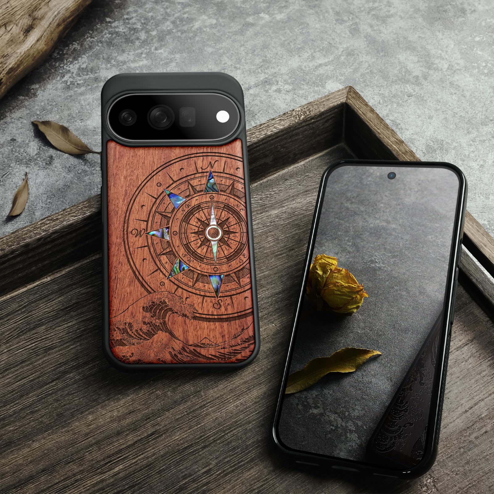 Carveit Madera Funda para Google Pixel 11 (Rosa-La Brújula y la Ola) | Compatible con MagSafe [Grabado en madera e incrustación de mejillones] Magnética Cover para Pixel 11 Carcasa