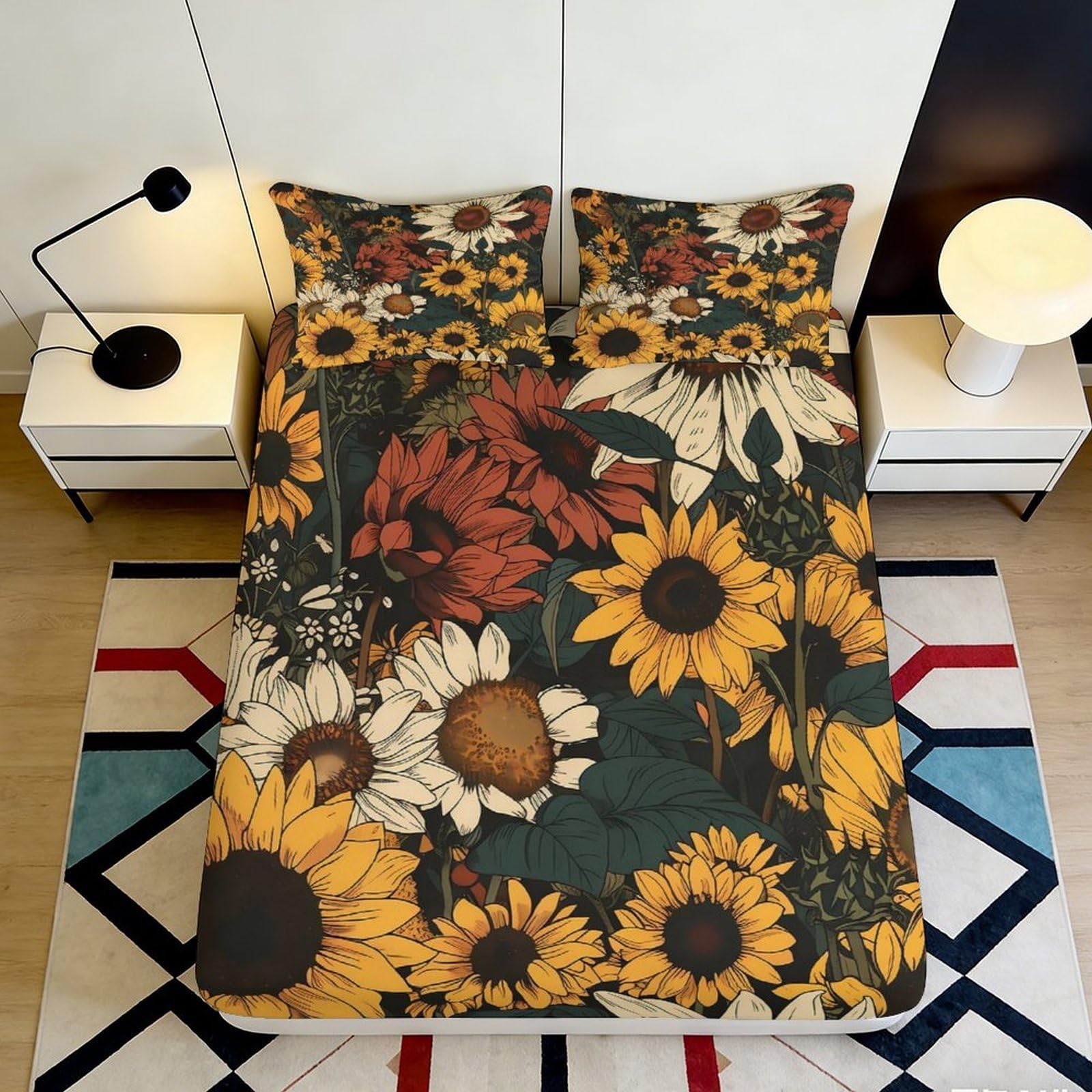3D Printed Sunflower Botanical Fitted Sheet Microfiber Soft Floral Mattress Cover for Bedroom Guest Room Dustproof Decor 90x200x25cm