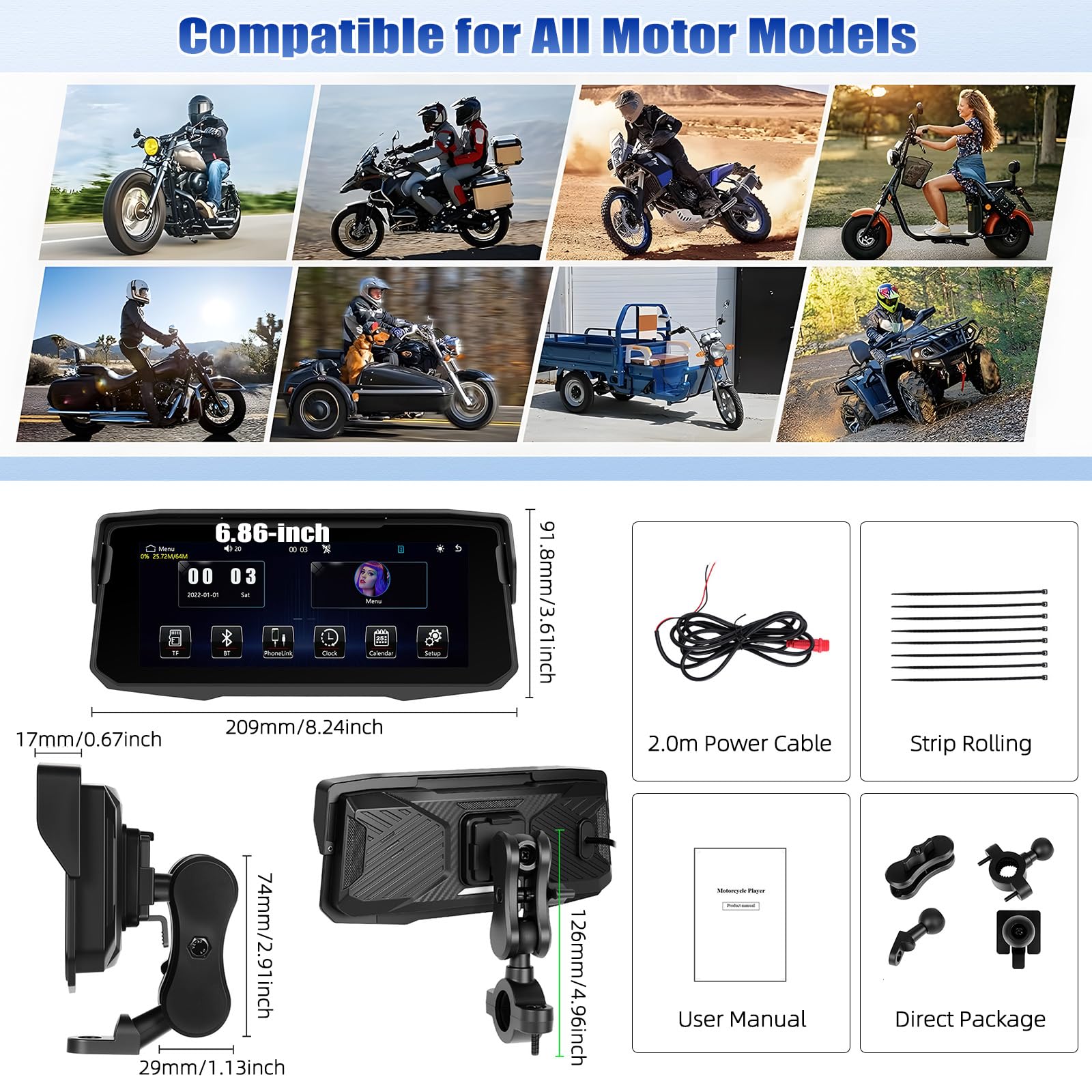 [2026] CAMECHO Wireless Carplay Pantalla de Motocicleta de 6.86 Pulgadas con Android Car IP68 Resistente al Agua, Navegador de Pantalla Táctil con Bluetooth Airplay Android Cast EQ Sound + 1280*480 HD