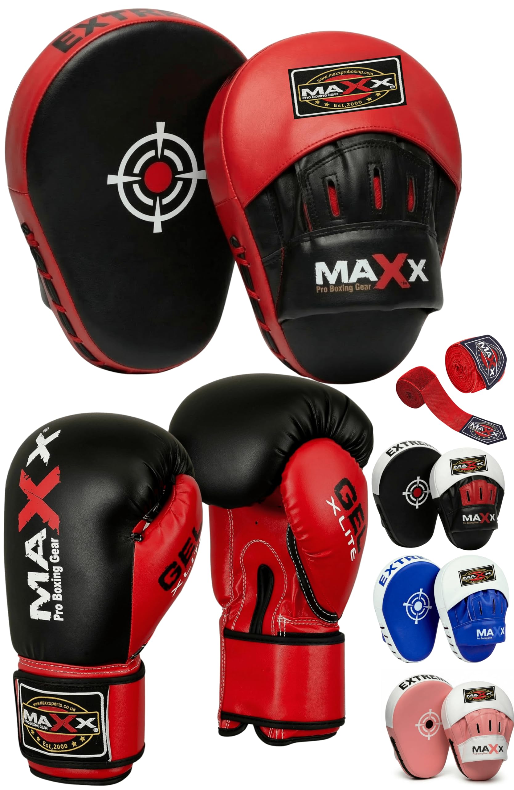 MAXX Curved Focus pads, Hook & Jab Pads with Gloves & FREE hand wraps Martial Arts ((With 14oz Gloves)
