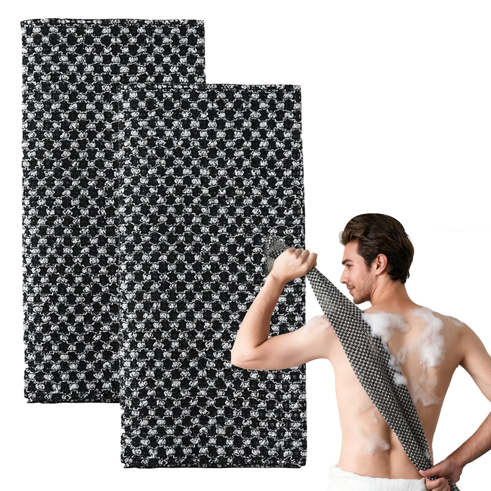 Solbrezeni Men's Black 2 Pcs Exfoliating Towel, Exfoliating Shower Towel, Japanese Washcloth, Back Scrubbers For Use In Shower-Antibacterial, Multi, For Sensitive Skin, Spa Shower (Black)