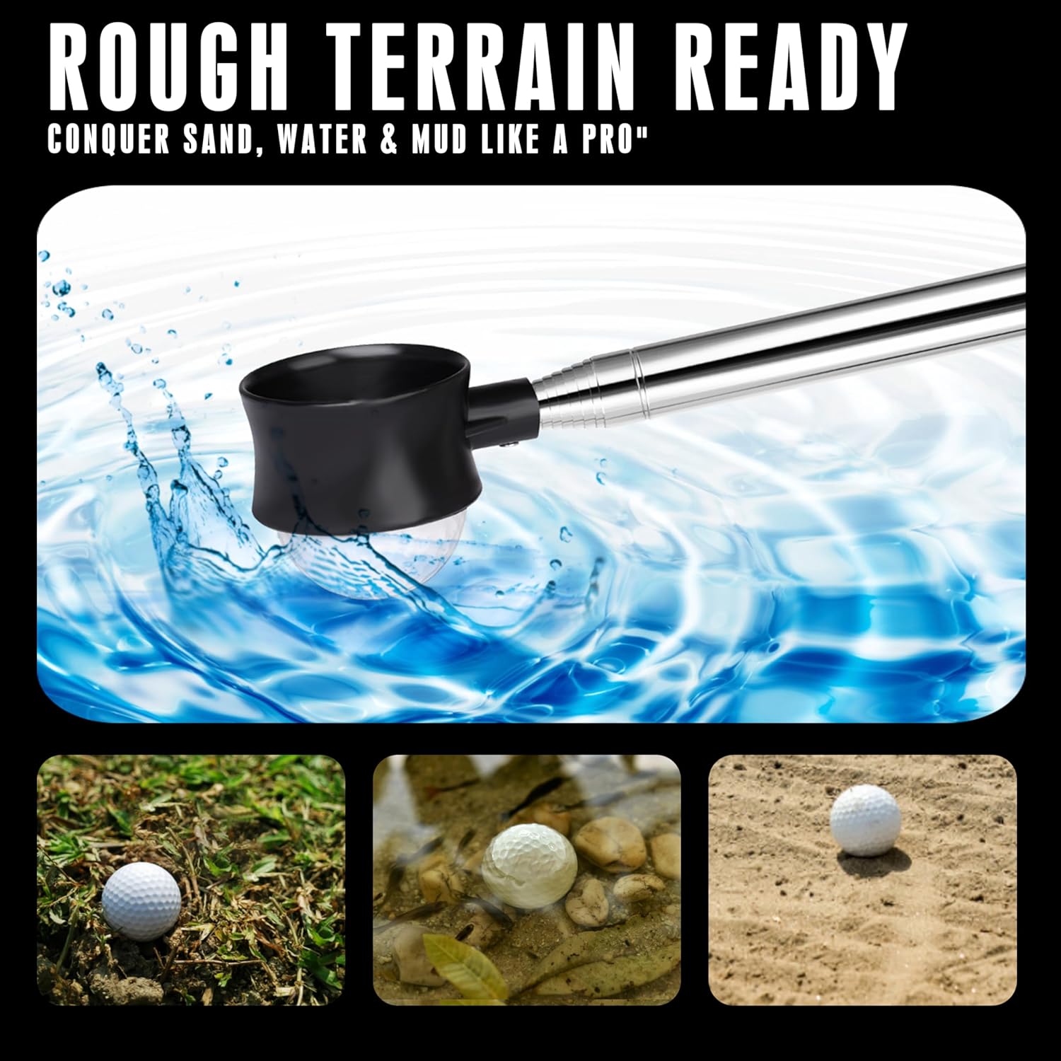 Premium Press-Lock Golf Ball Retriever – 9Ft / 12Ft / 14.5Ft / 16.3Ft with Reinforced Stainless Steel Shaft & Non-Slip Rubber Grip, Golf Ball Retriever Telescopic for Water