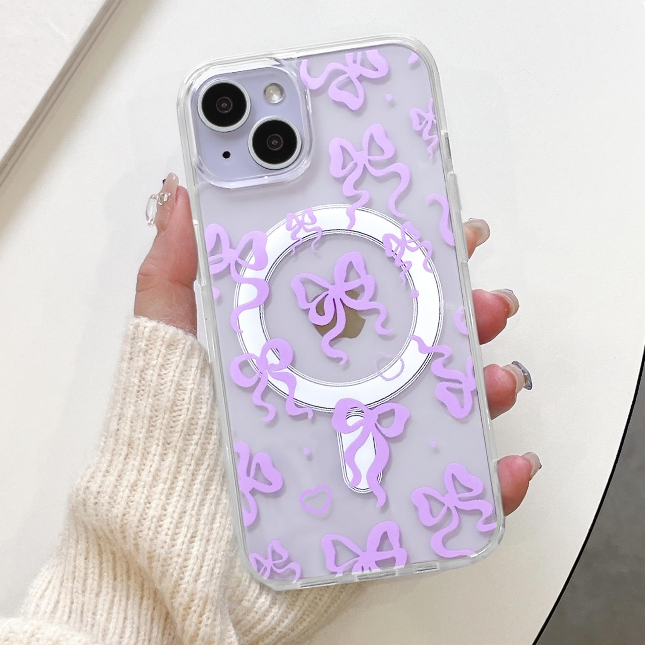 UEEBAI Magnetic for iPhone 16 Case, Bow Case Compatible with MagSafe, Wireless Charge Cute Ribbon Phone Cover Anti-Yellowing Pretty Heart Clear Cover