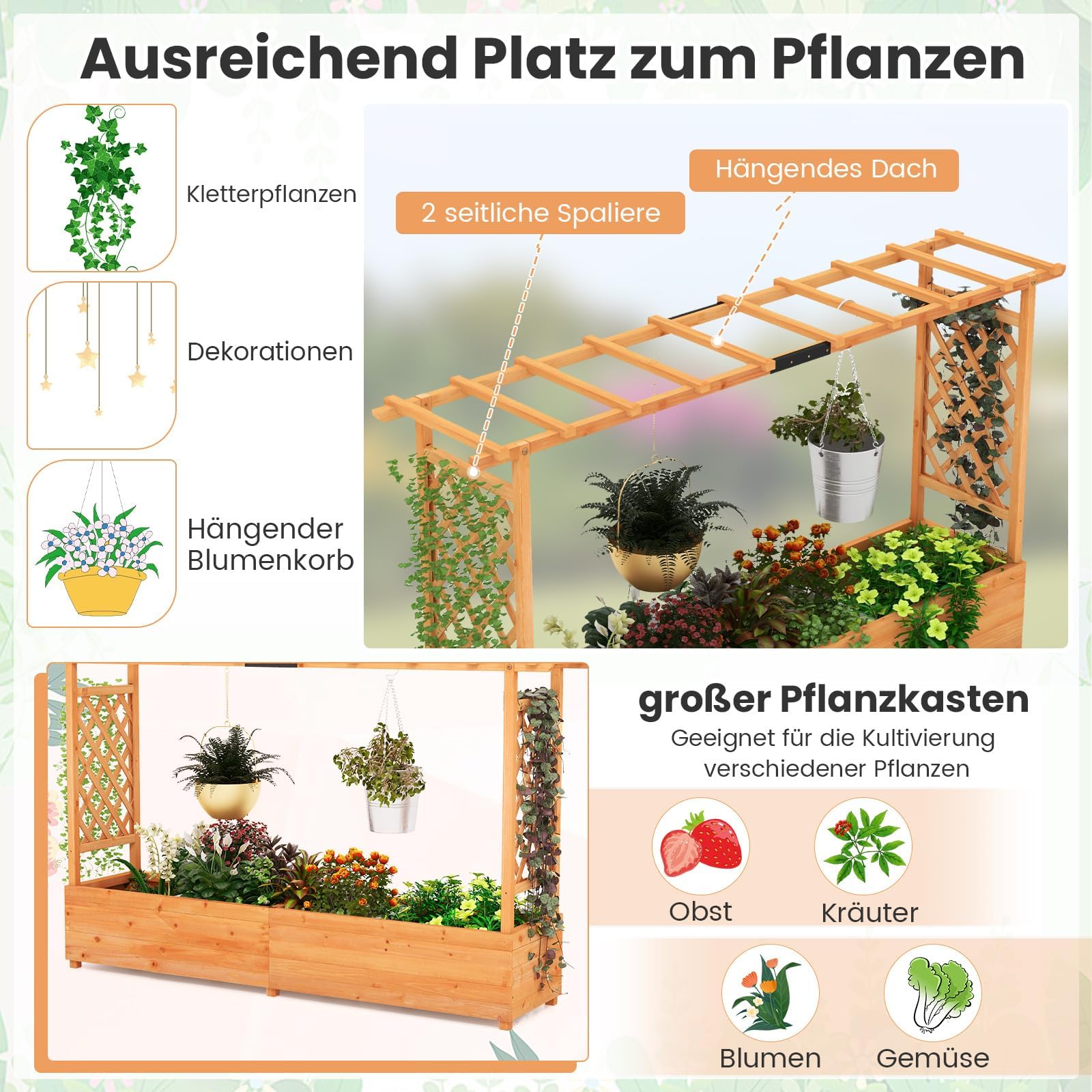 FANTASK Jardinière surélevée avec Treillis et Toit Suspendu, bac à Plantes avec tuteur, bac à Fleurs pour Plantes grimpantes et paniers Suspendus, Orange (200 x 44 x 114 cm)