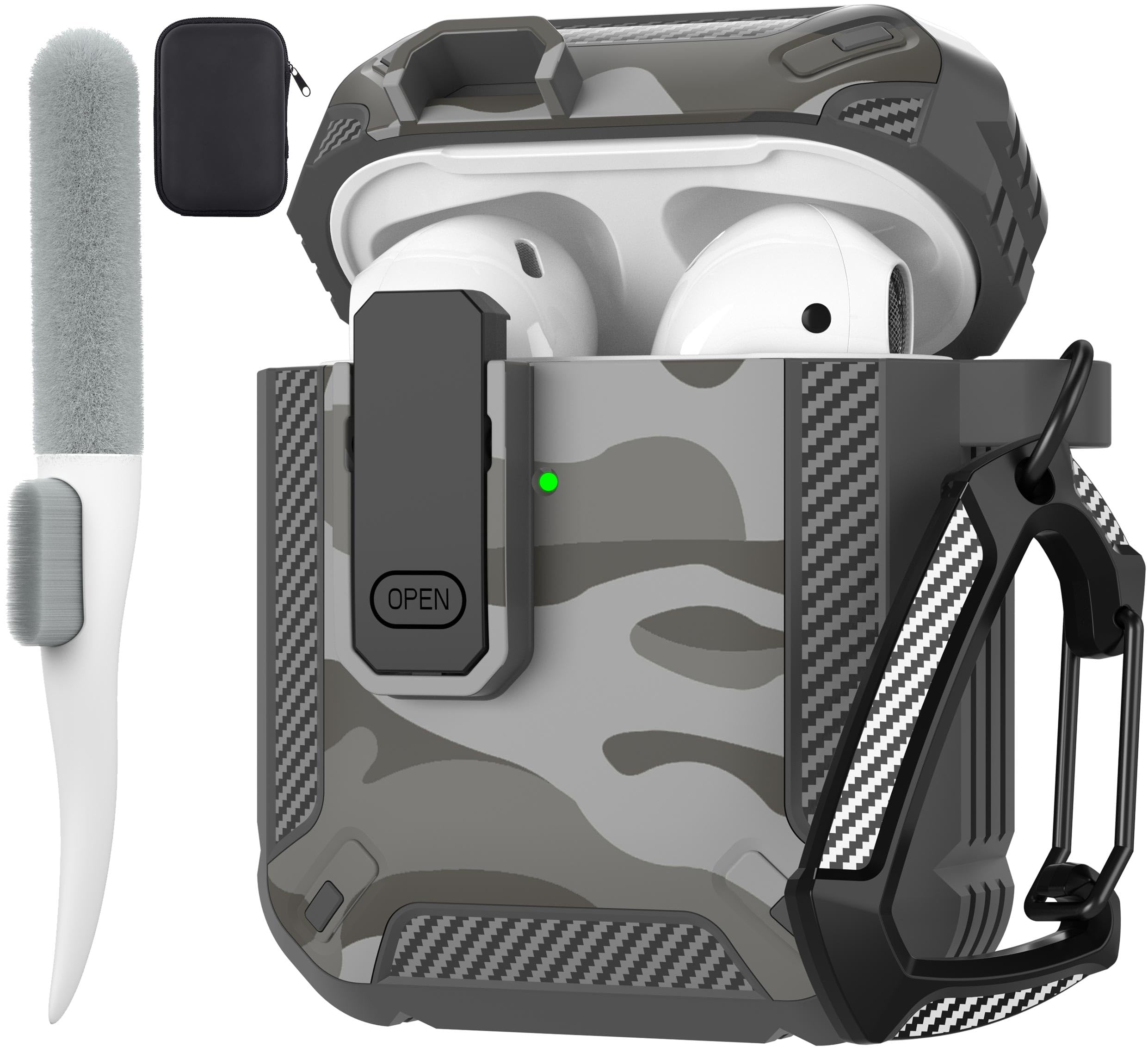 Maxjoy Portable Electronic Device Cover, Camo Grey Hybrid Hard Shell Rugged Shockproof Case Cover with Lock for Apple AirPods 1st 2016 & AirPods 2nd 2019, Includes Keychain & Tools