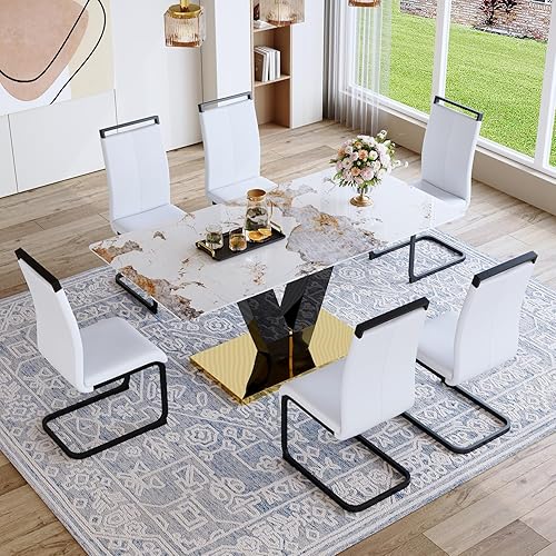 Juego de mesa de comedor de 71 pulgadas para 6, moderno juego de mesa de comedor para 6, mesa de comedor de mármol con 6 sillas de comedor de piel