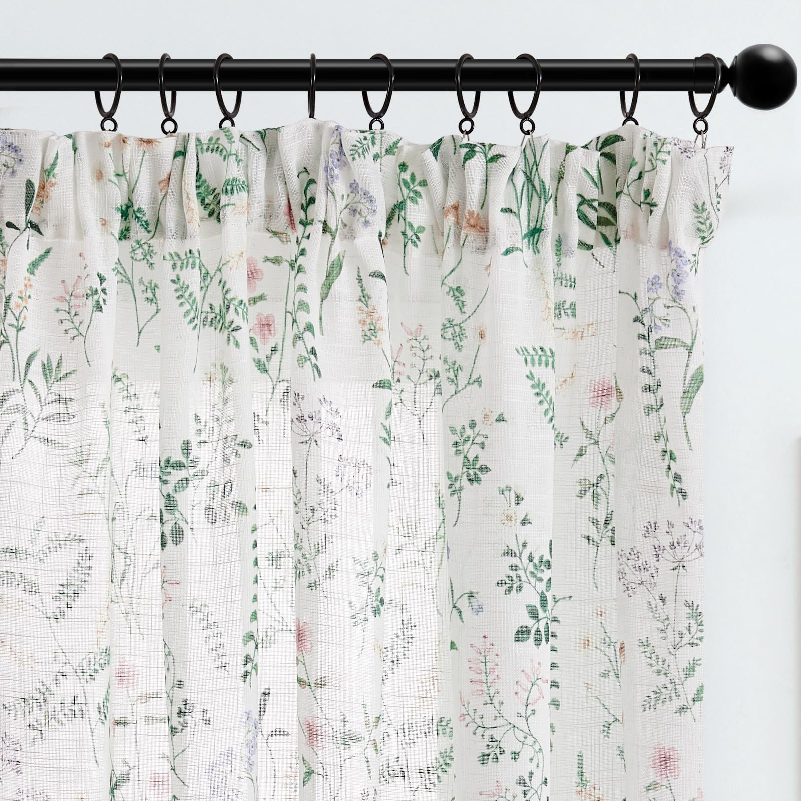 TOPICK Floral Pattern Linen Look Net Curtains for Windows 54 Inch Drop, Light Filtering Voile Bedroom Drapes, Pencil Pleat Woven Short Sheer Curtain 2 Panels for Living Room, Nursery W50 x L54 Inch - Image 3
